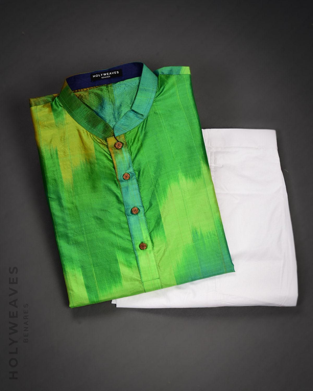 Green Ikat Silk Mens Kurta Pyjama - By HolyWeaves, Benares