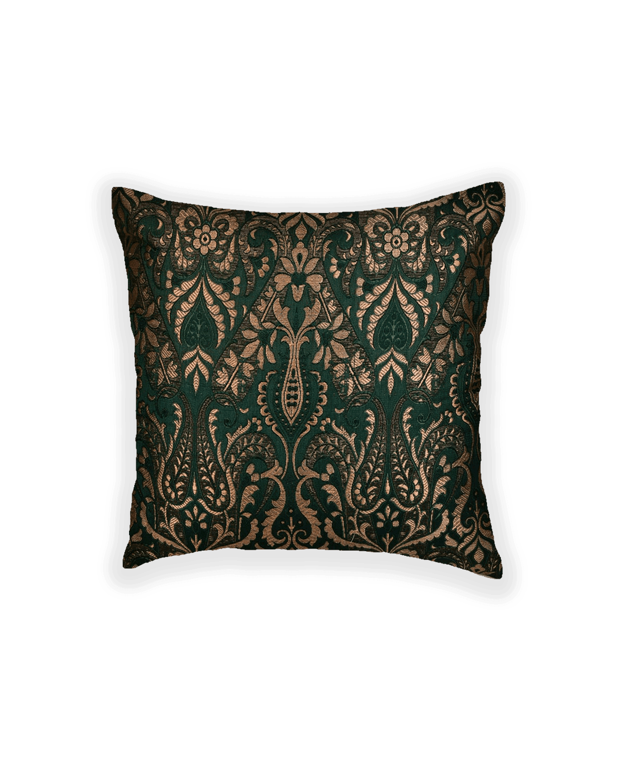 Green Kimkhwab Brocade Woven Viscose Silk Cushion Cover with Satin Back 16" - By HolyWeaves, Benares