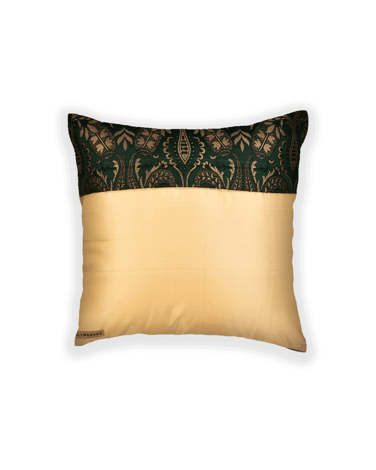 Green Kimkhwab Brocade Woven Viscose Silk Cushion Cover with Satin Back 16" - By HolyWeaves, Benares