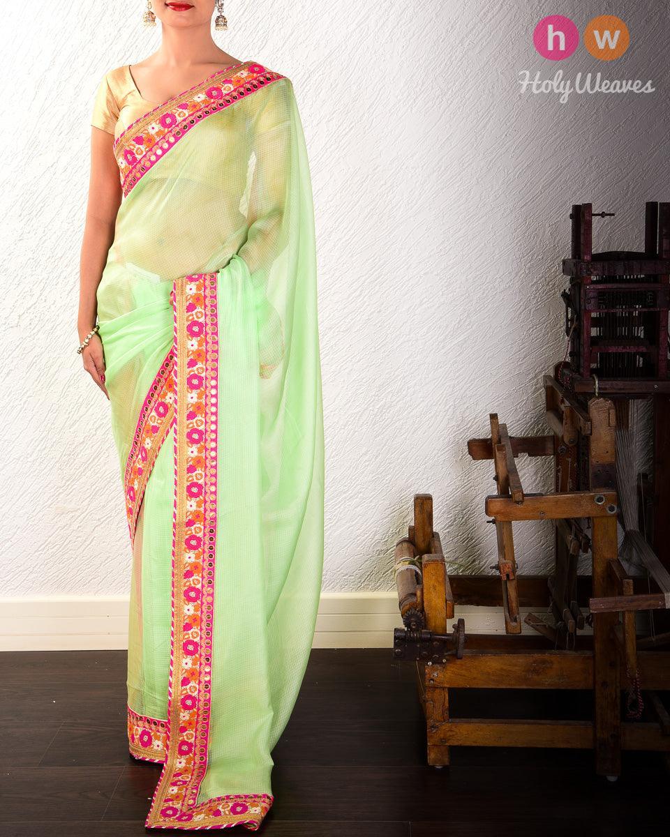 Green Kota Check Hand-embroidered Cotton Saree - By HolyWeaves, Benares