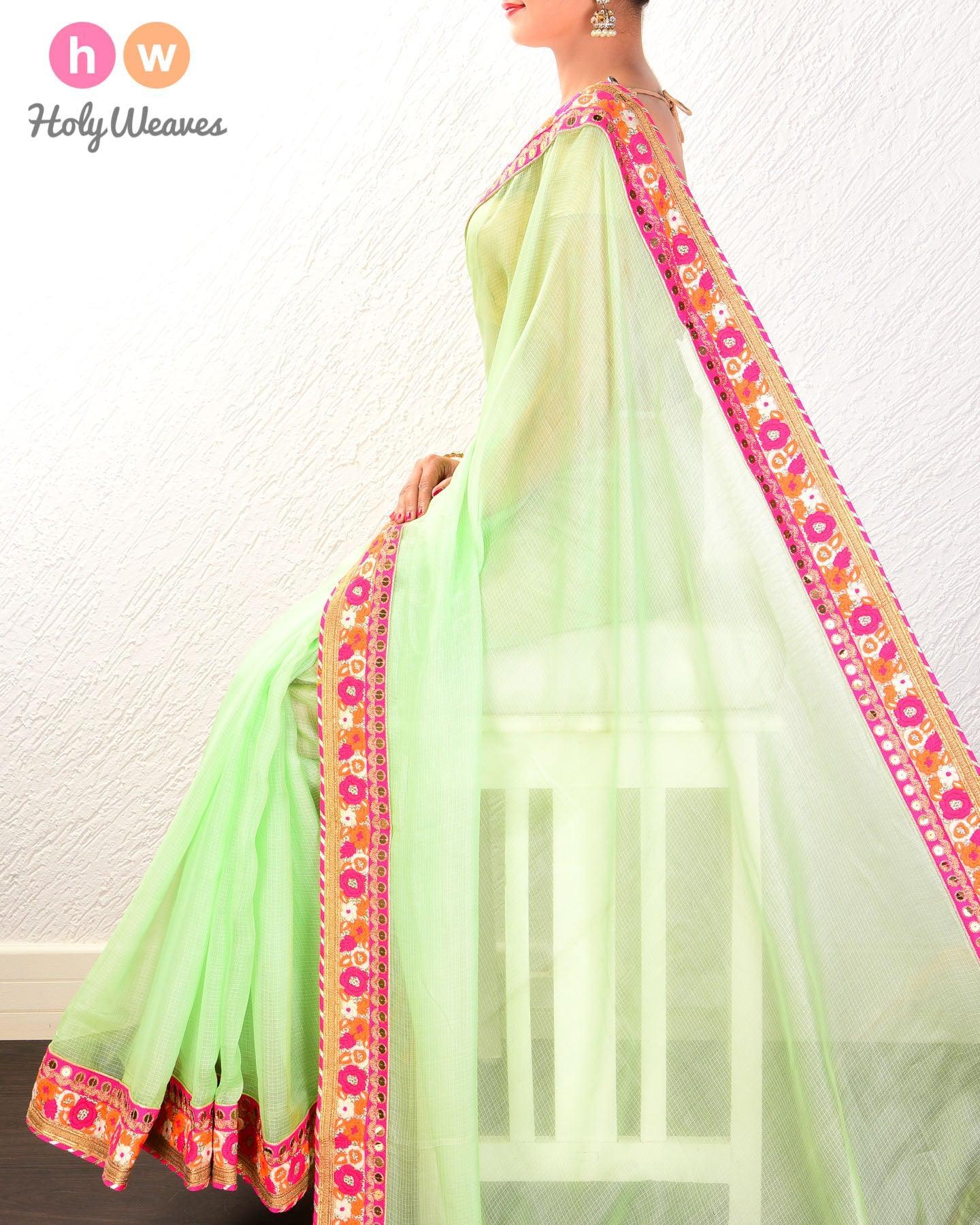 Green Kota Check Hand-embroidered Cotton Saree - By HolyWeaves, Benares