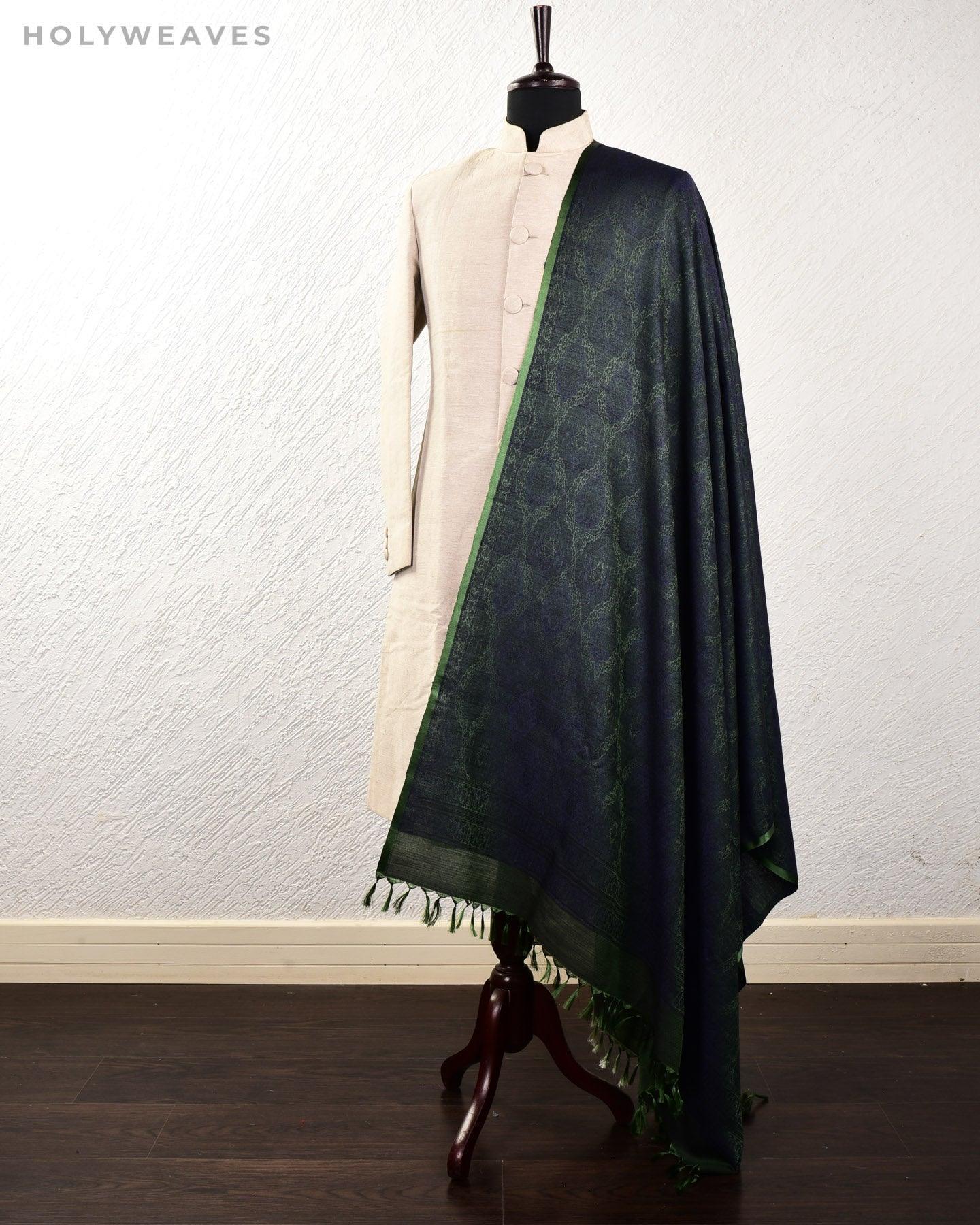 Green on Black Banarasi Alfi Damask Jamawar Handwoven Silk-wool Shawl - By HolyWeaves, Benares
