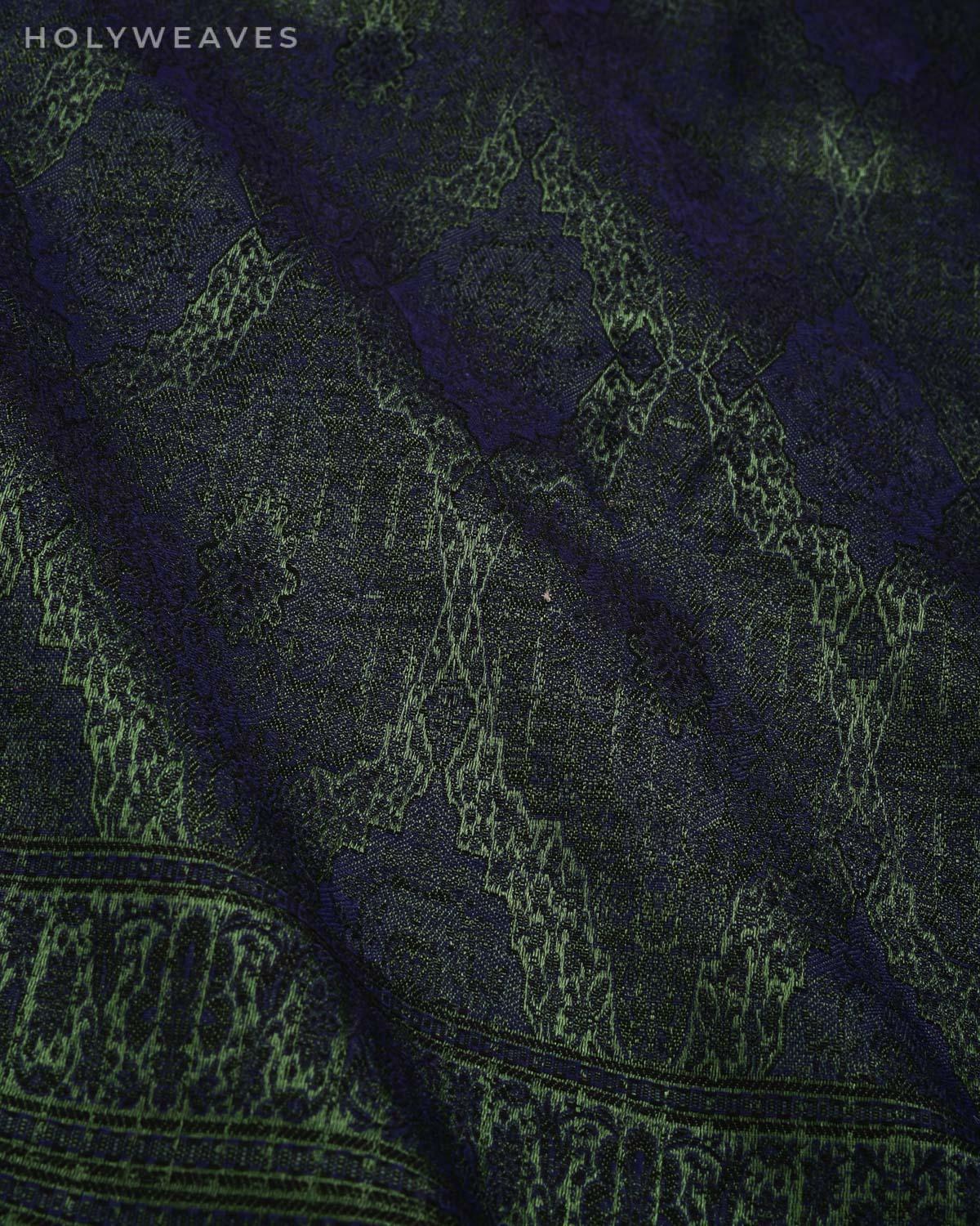 Green on Black Banarasi Alfi Damask Jamawar Handwoven Silk-wool Shawl - By HolyWeaves, Benares
