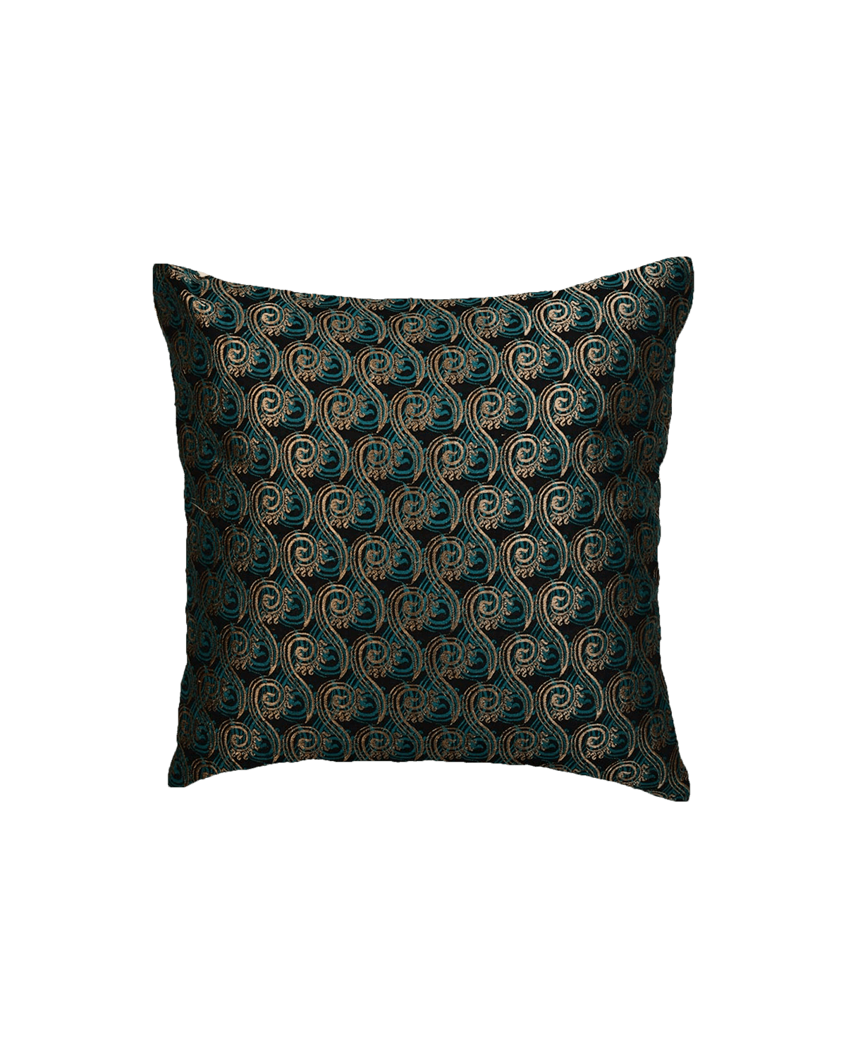 Green On Black Brocade Handwoven Silk Cushion Cover with Satin Back 16" - By HolyWeaves, Benares
