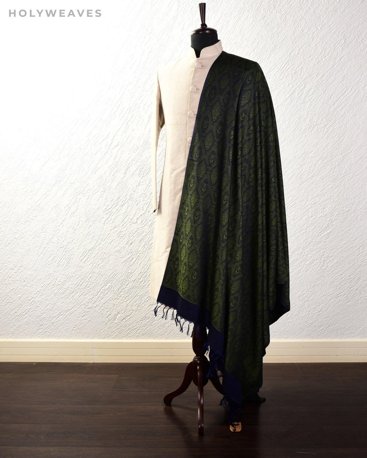 Green on Blue Banarasi Alfi Jamawar Handwoven Silk-wool Shawl - By HolyWeaves, Benares