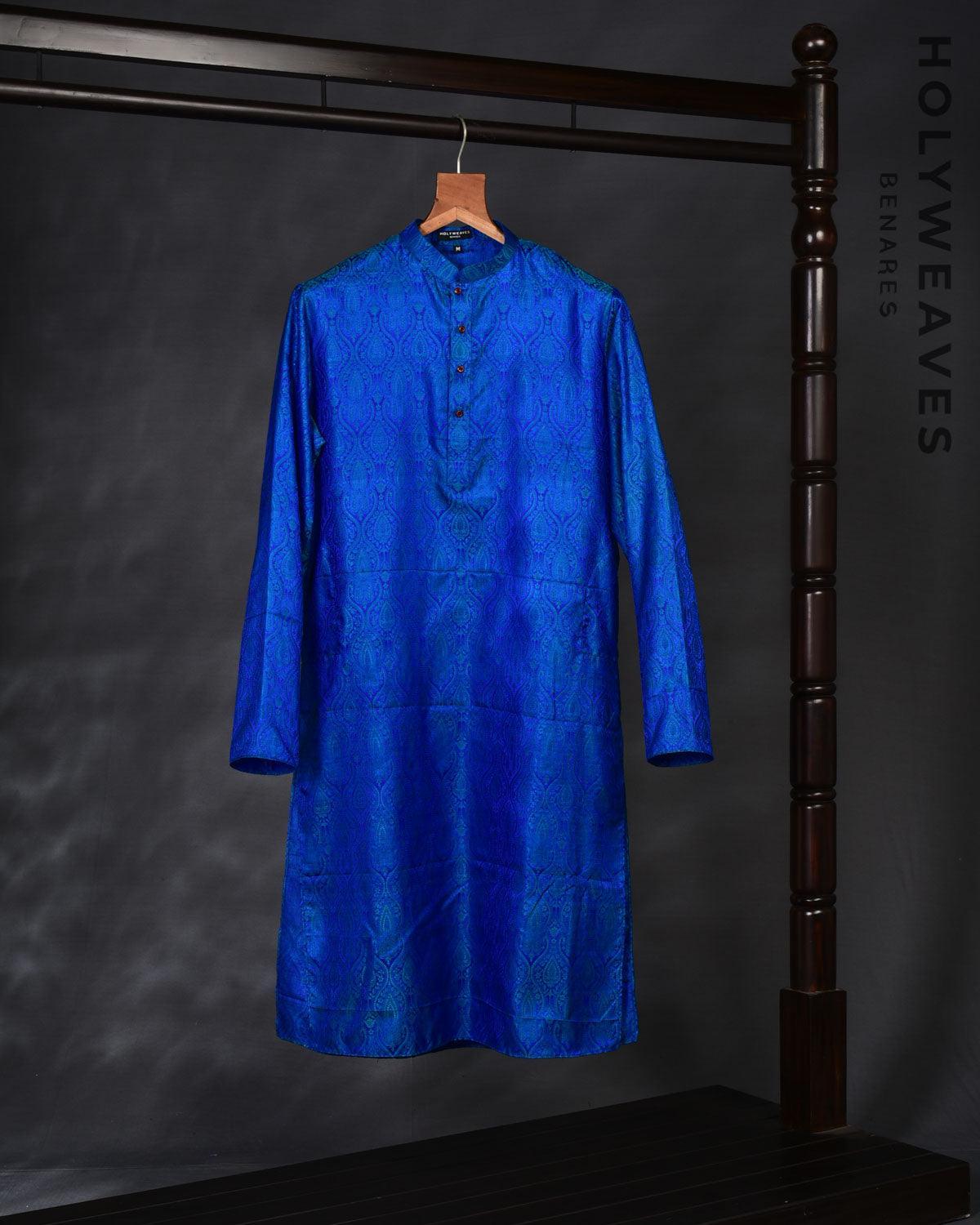 Green on Blue Banarasi Tanchoi Handwoven Katan Silk Mens Kurta Pyjama - By HolyWeaves, Benares