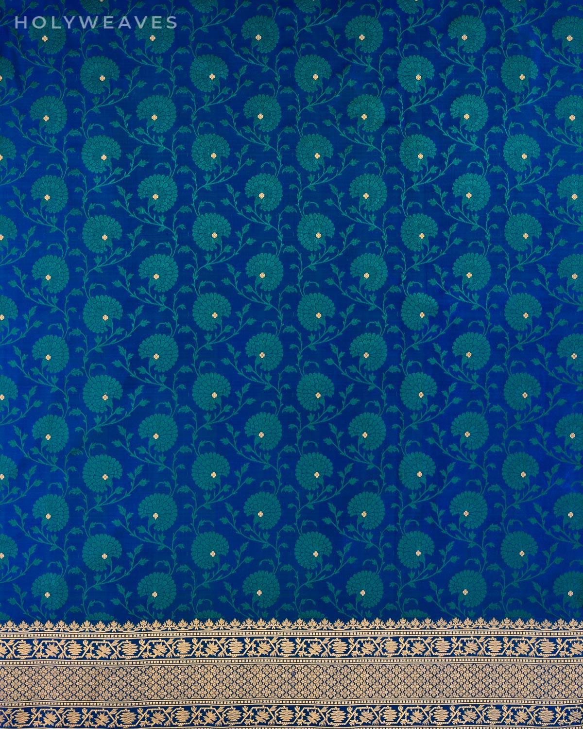 Green on Peacock Blue Banarasi Zari Buti Tanchoi Brocade Handwoven Katan Silk Saree - By HolyWeaves, Benares