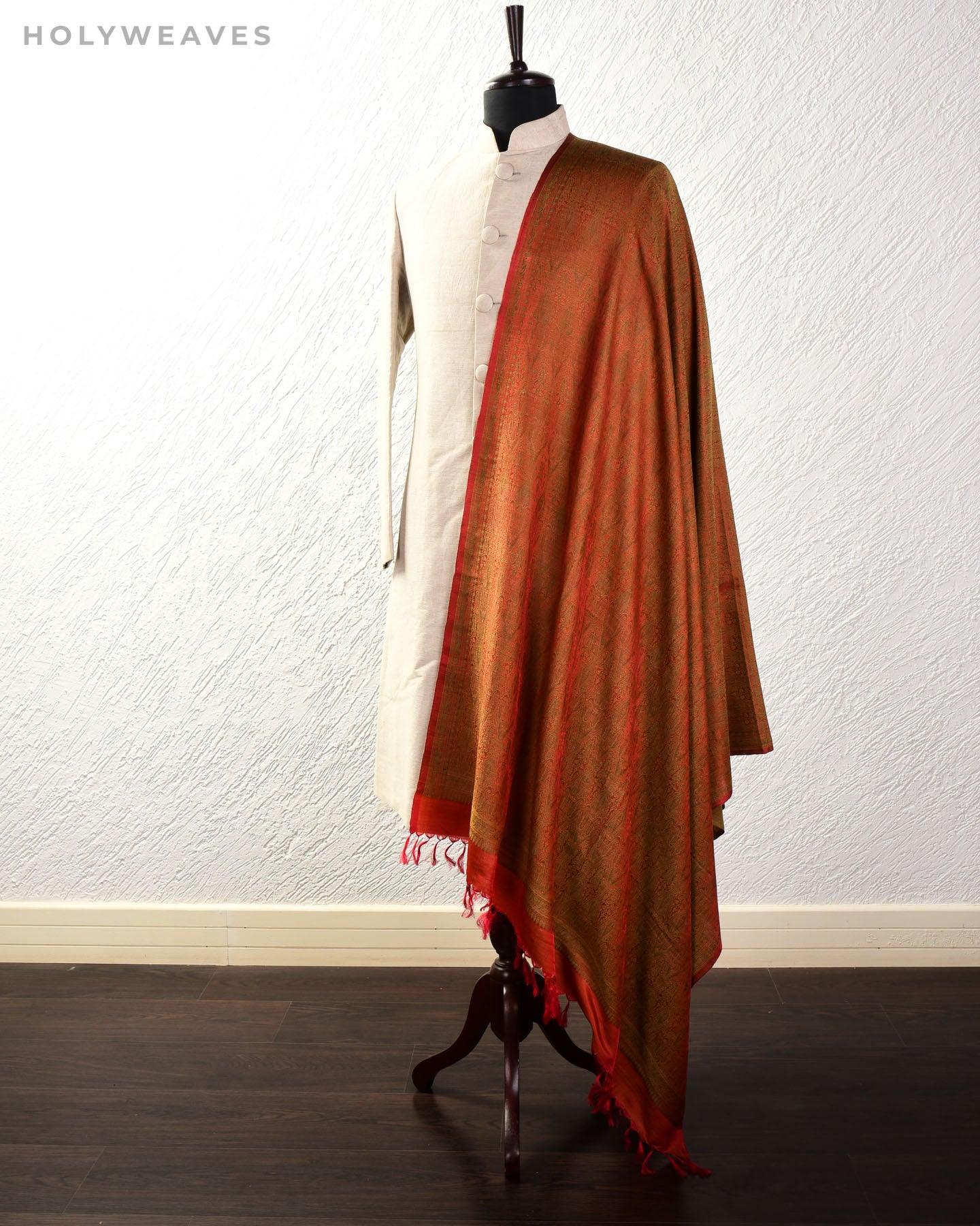 Green on Red Banarasi Alfi Jamawar Handwoven Silk-wool Shawl - By HolyWeaves, Benares