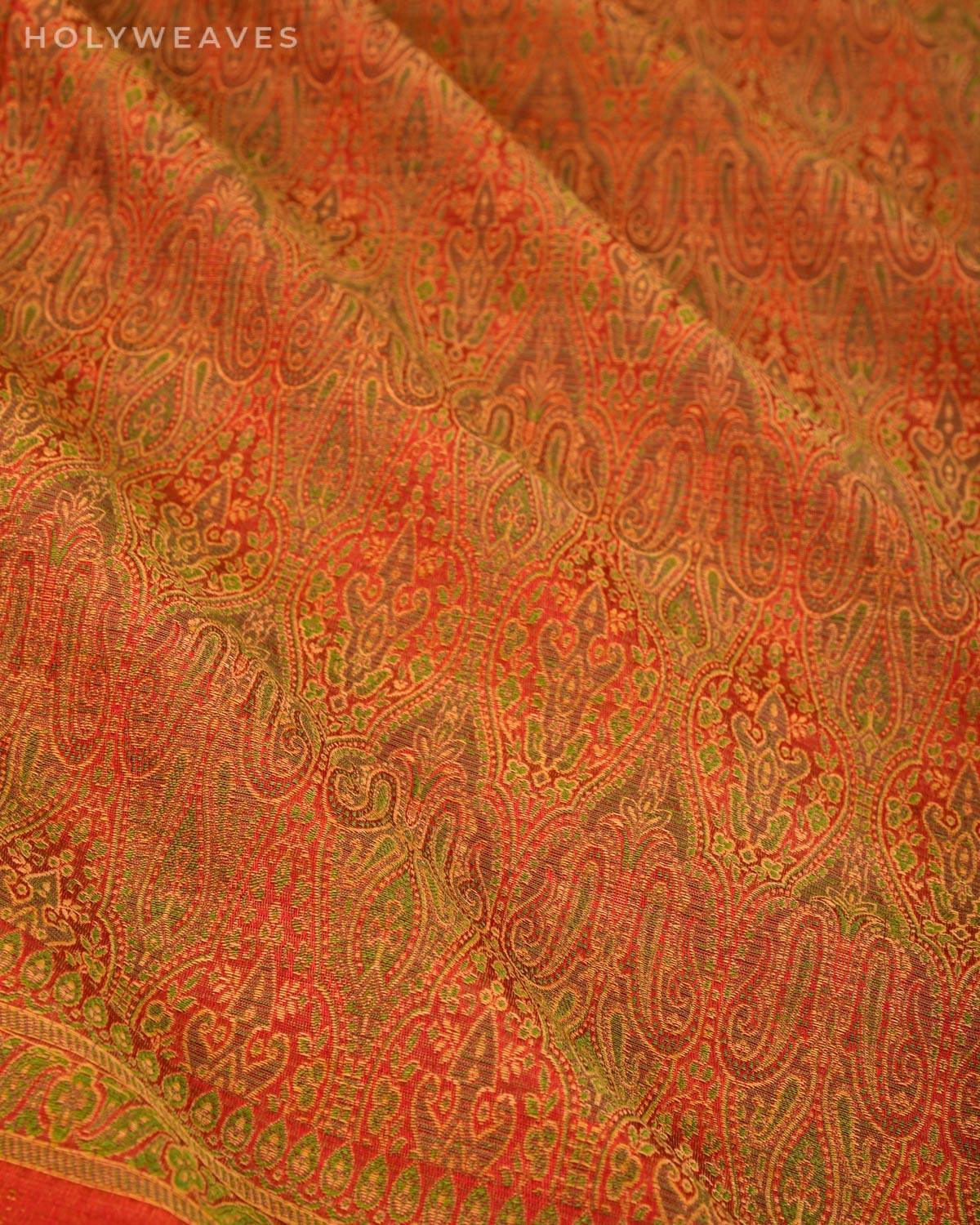 Green on Red Banarasi Alfi Jamawar Handwoven Silk-wool Shawl - By HolyWeaves, Benares