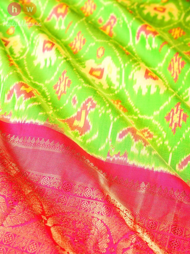 Green Pochampally Ikat Handwoven Silk Saree with Brocade Border - By HolyWeaves, Benares