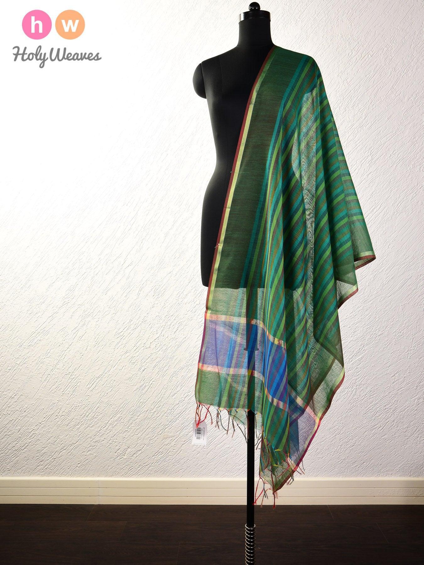 Green Roman Stripes Woven Cotton Silk Dupatta - By HolyWeaves, Benares