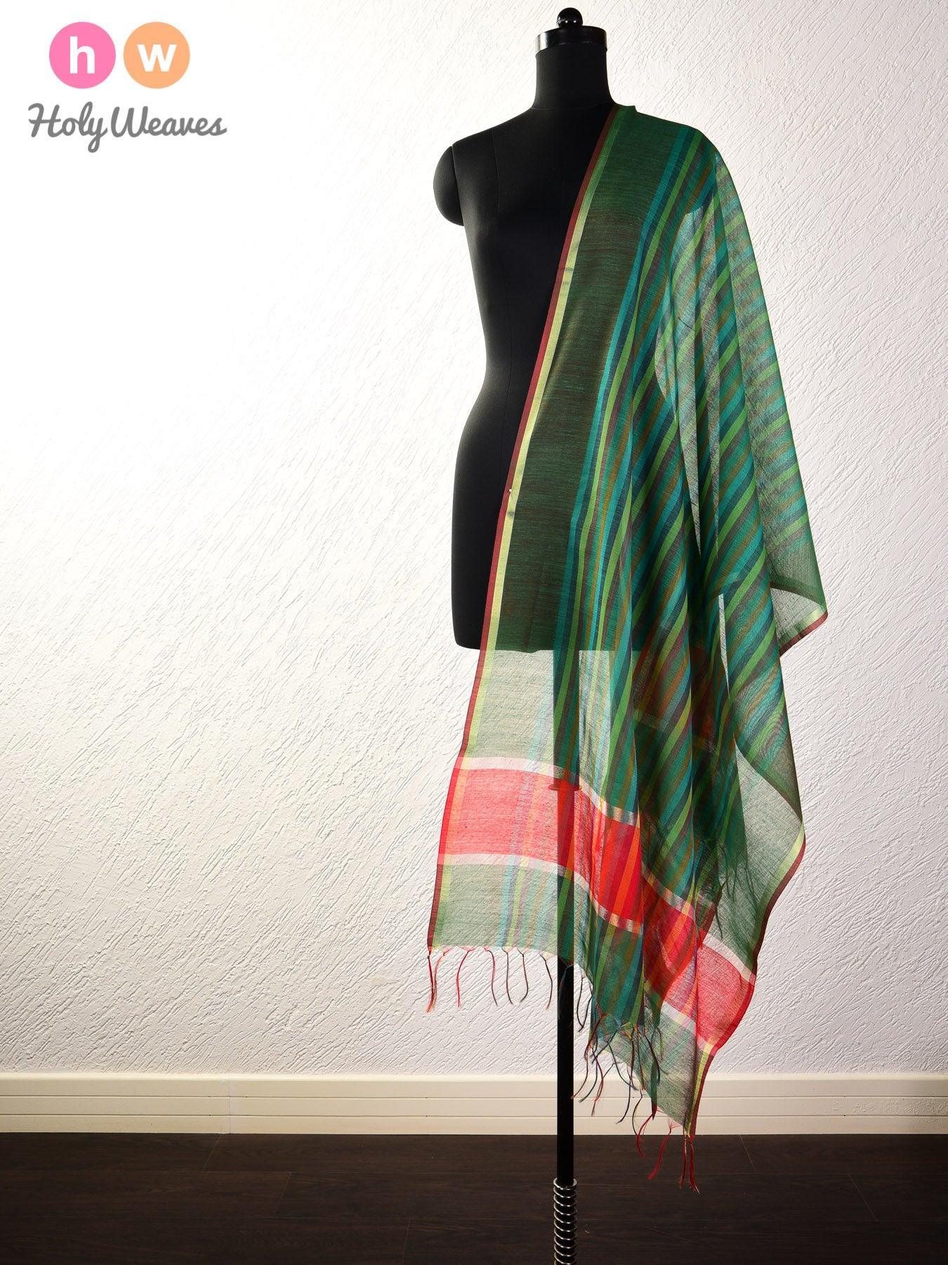 Green Roman Stripes Woven Cotton Silk Dupatta - By HolyWeaves, Benares