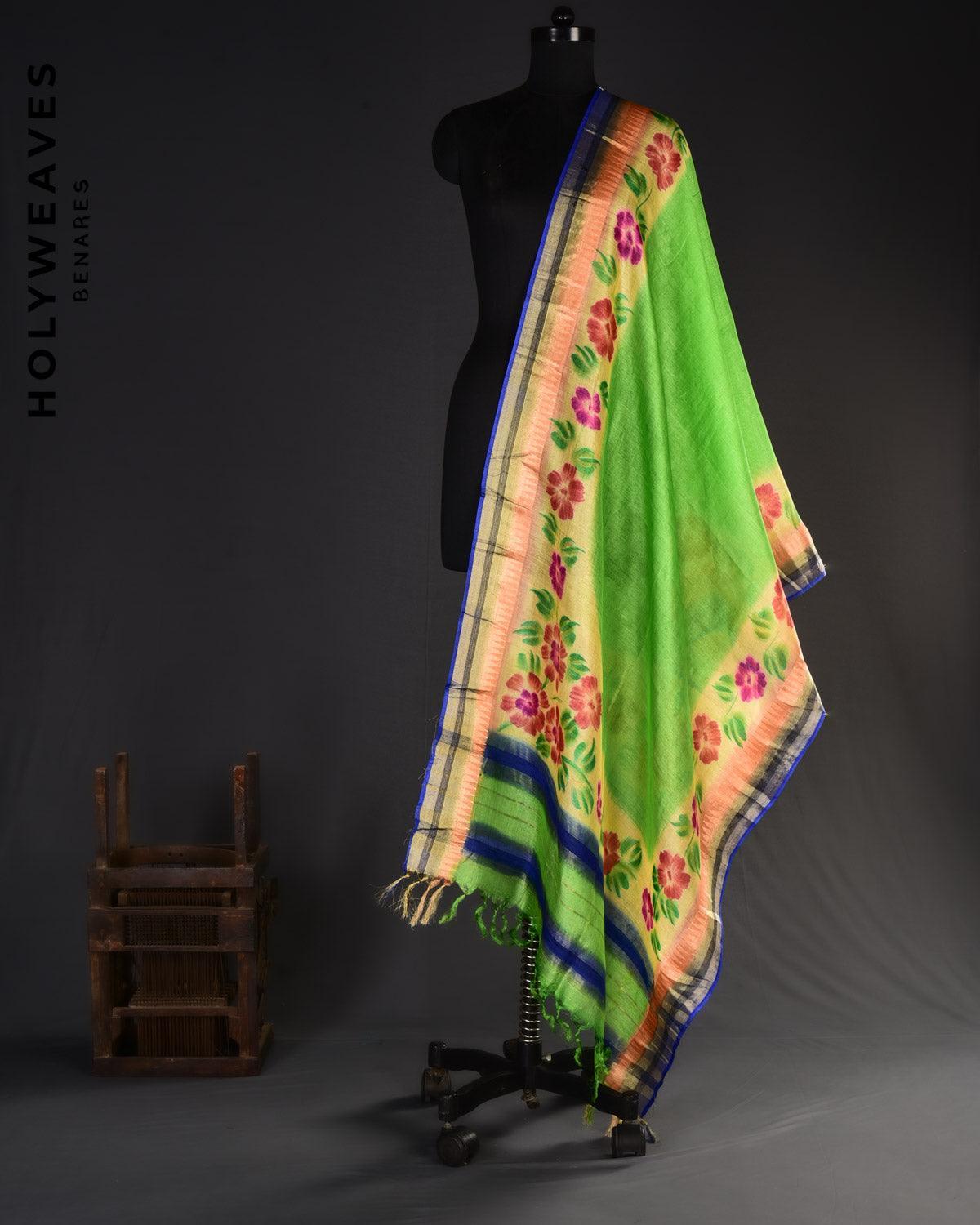 Green Tasar Silk Hand-painted Dupatta - By HolyWeaves, Benares