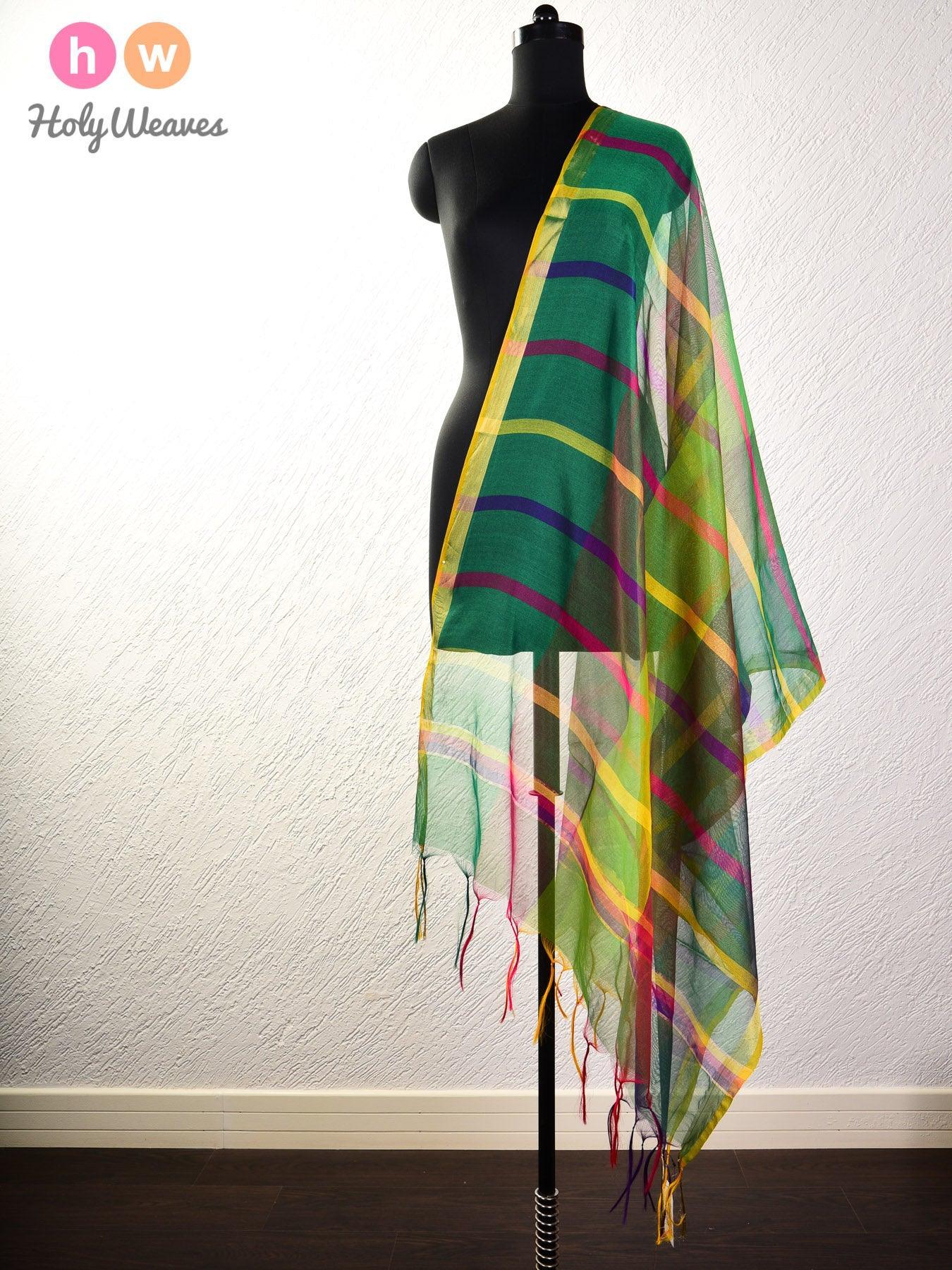 Green Woven Poly Cotton Silk Dupatta with Multi-color Stripes - By HolyWeaves, Benares