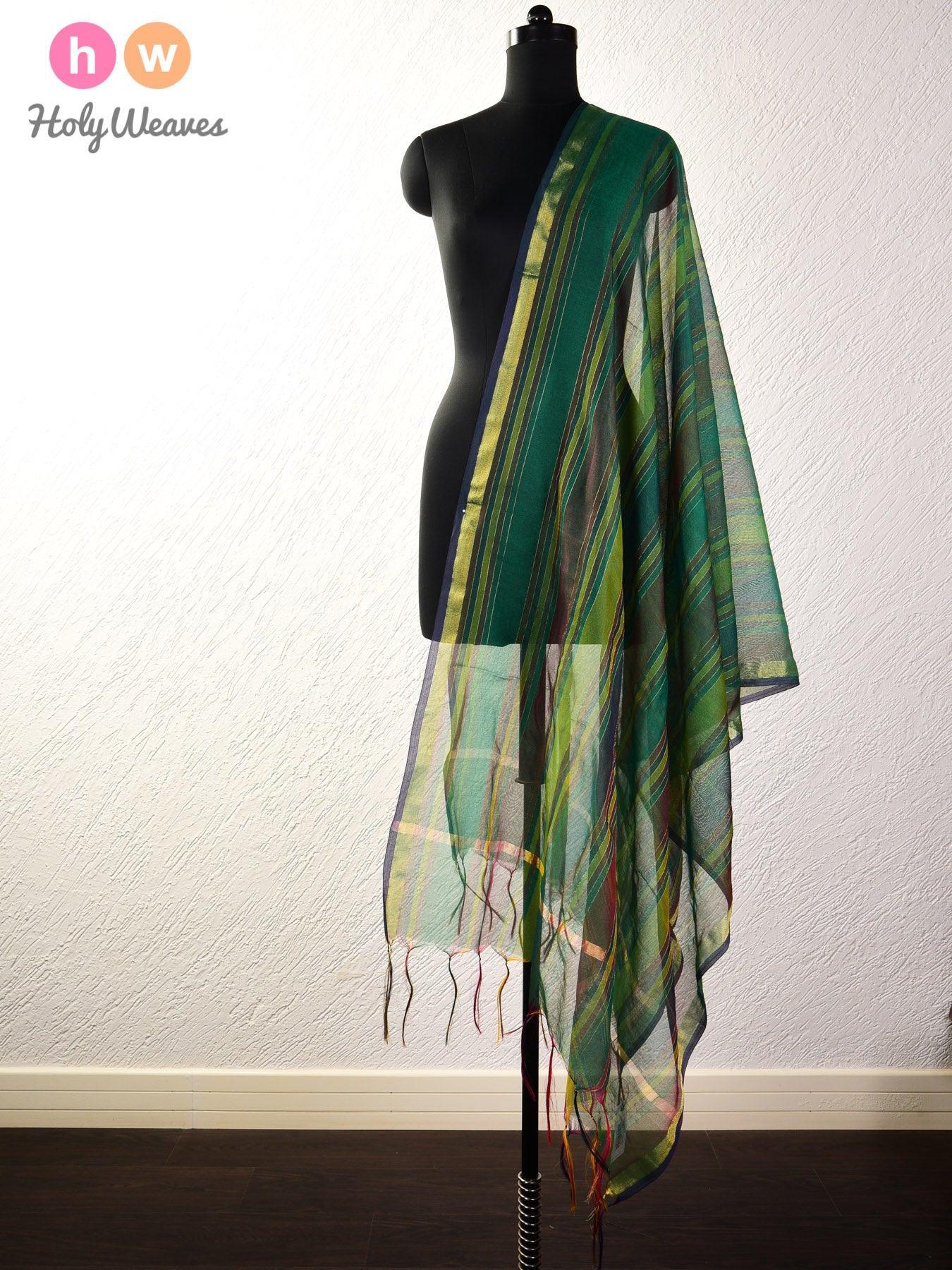 Green Zari Pin Stripes Woven Poly Cotton Silk Dupatta - By HolyWeaves, Benares