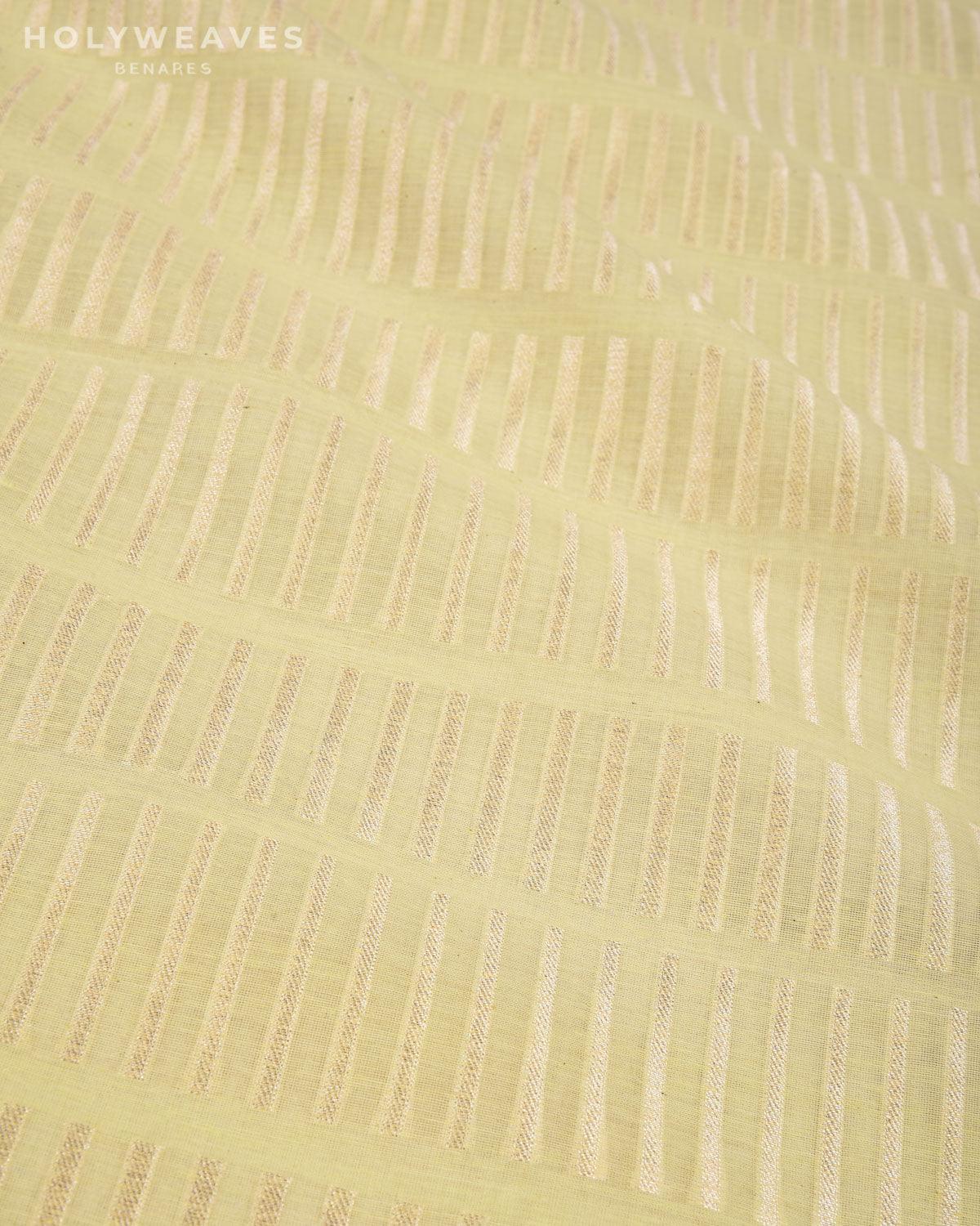 Honeydew Green Banarasi Gold Zari Piano Stripes Cutwork Brocade Handwoven Cotton Silk Fabric - By HolyWeaves, Benares