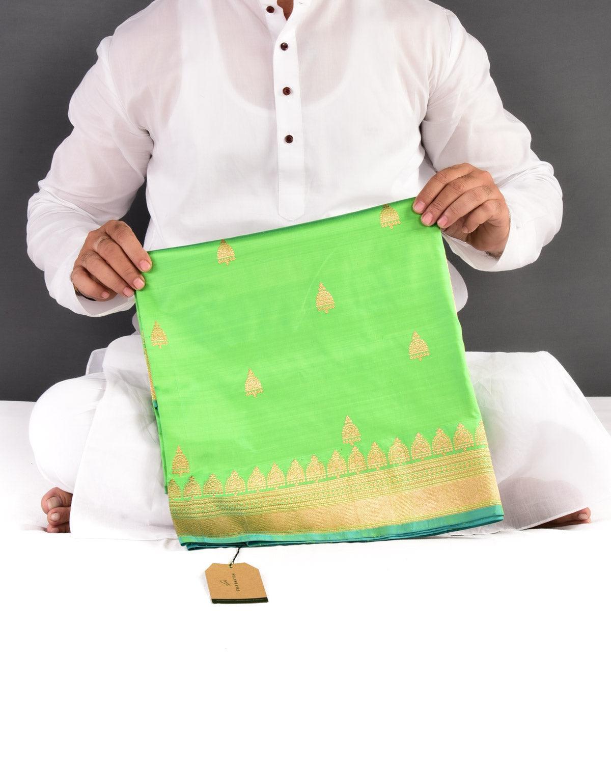 Kelly Green Banarasi Gold Zari Buti Kadhuan Brocade Handwoven Katan Silk Saree - By HolyWeaves, Benares