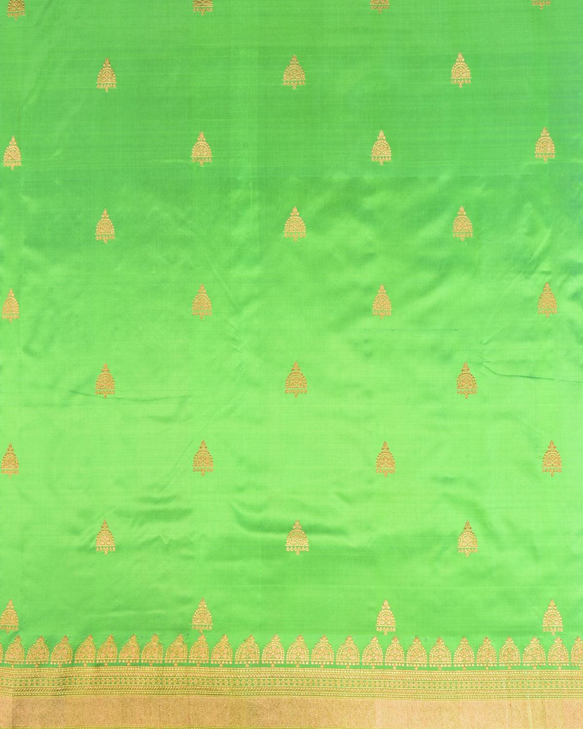 Kelly Green Banarasi Gold Zari Buti Kadhuan Brocade Handwoven Katan Silk Saree - By HolyWeaves, Benares