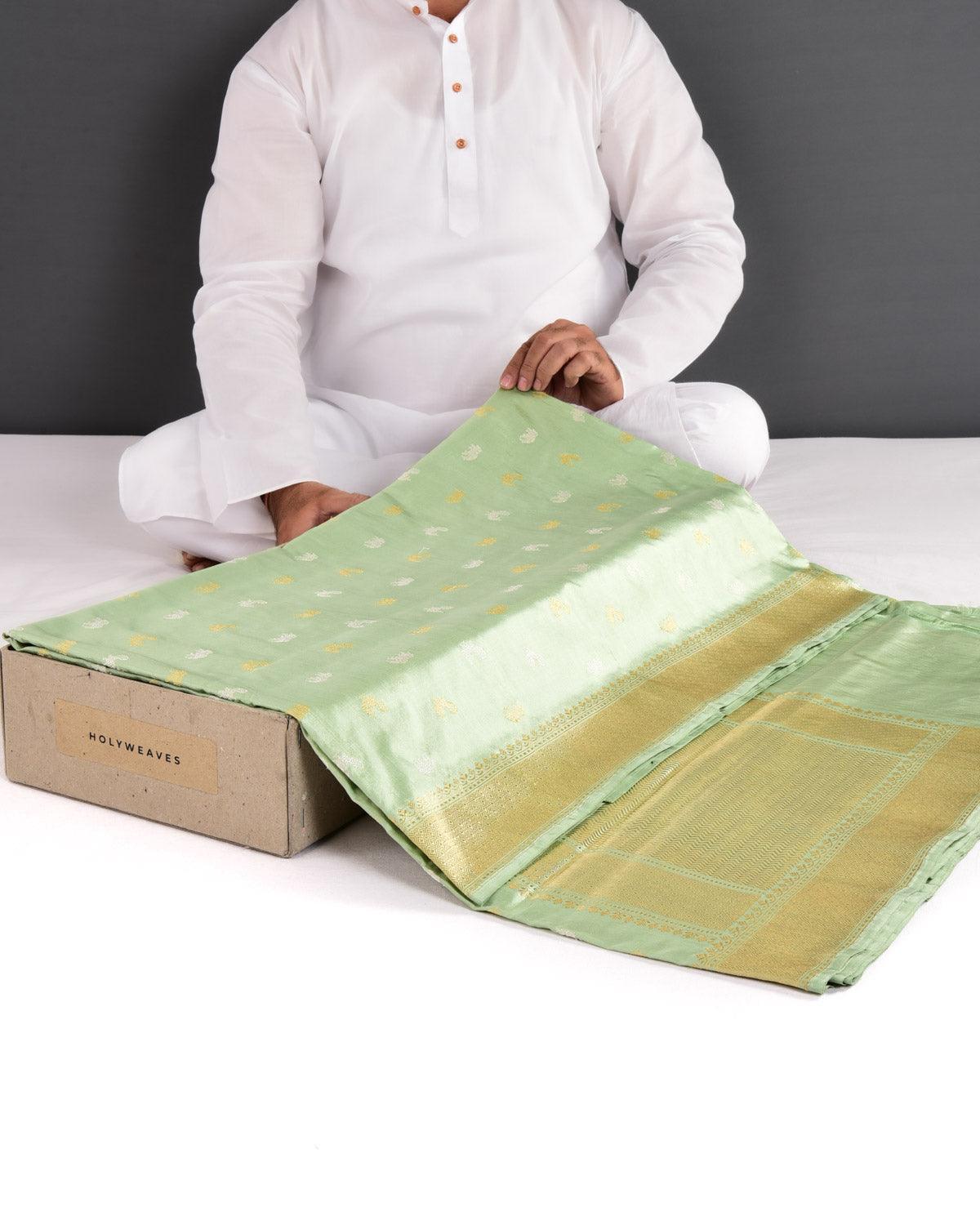 Laurel Green Banarasi Elephant & Peacock Buti Gold & Silver Zari Kadhuan Brocade Handwoven Katan Silk Saree - By HolyWeaves, Benares