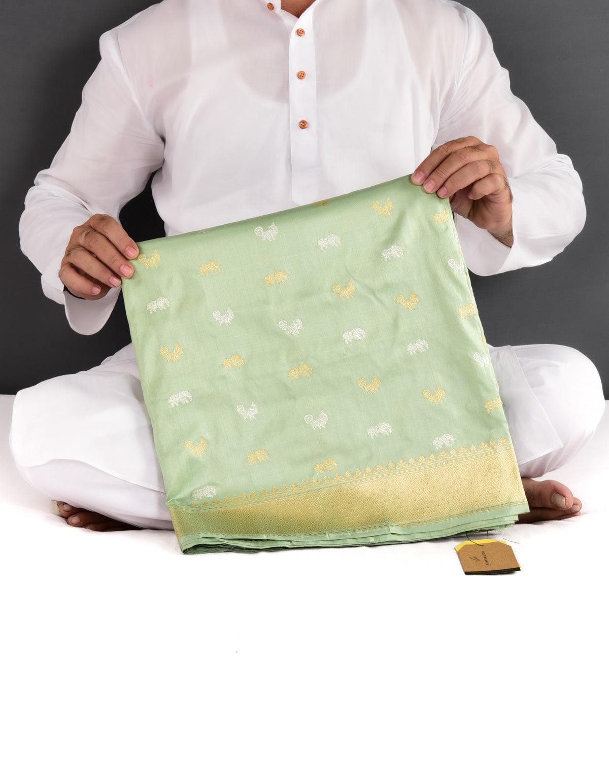 Laurel Green Banarasi Elephant & Peacock Buti Gold & Silver Zari Kadhuan Brocade Handwoven Katan Silk Saree - By HolyWeaves, Benares