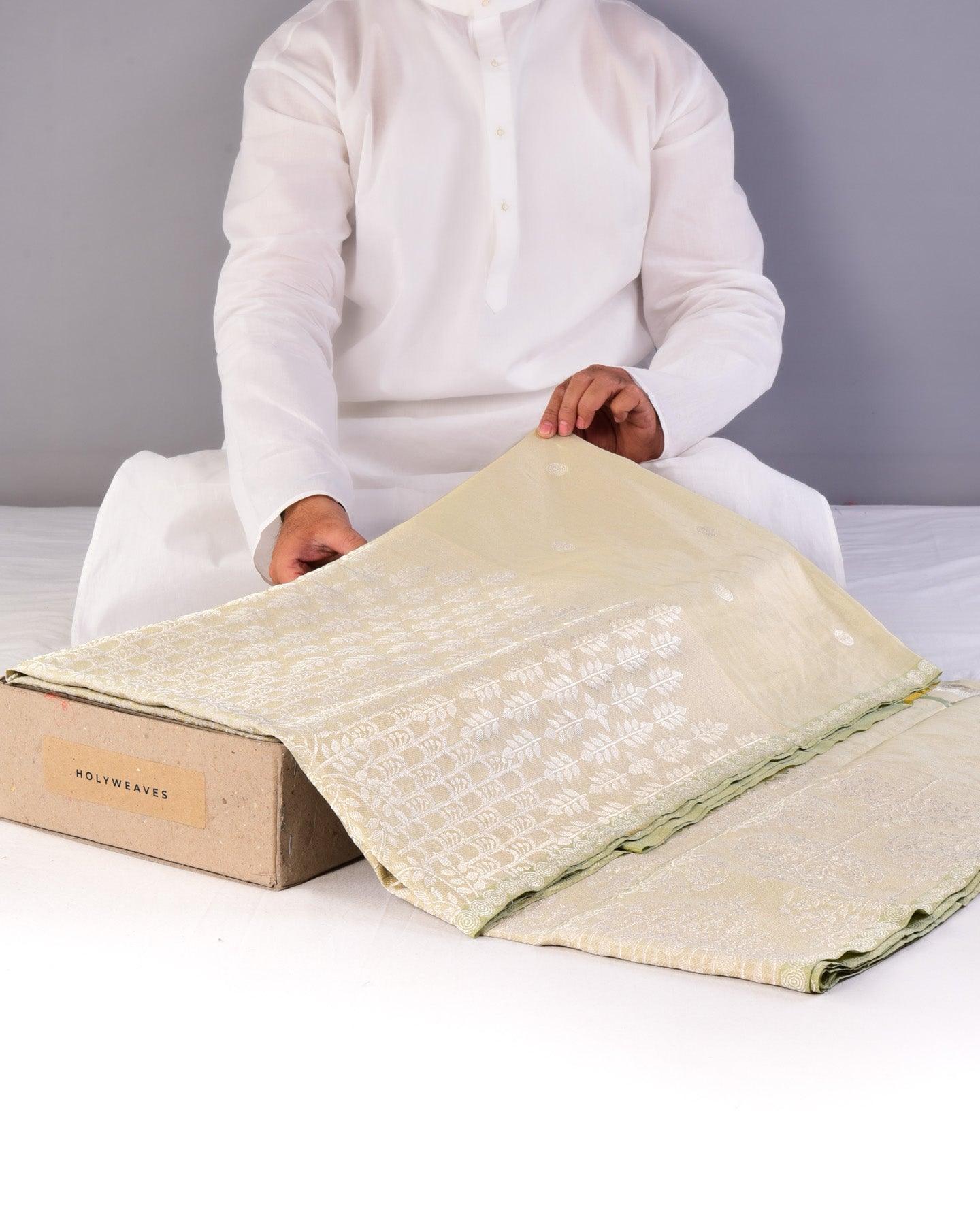 Laurel Green Banarasi Kadhuan Brocade Handwoven Katan Tissue Saree - By HolyWeaves, Benares