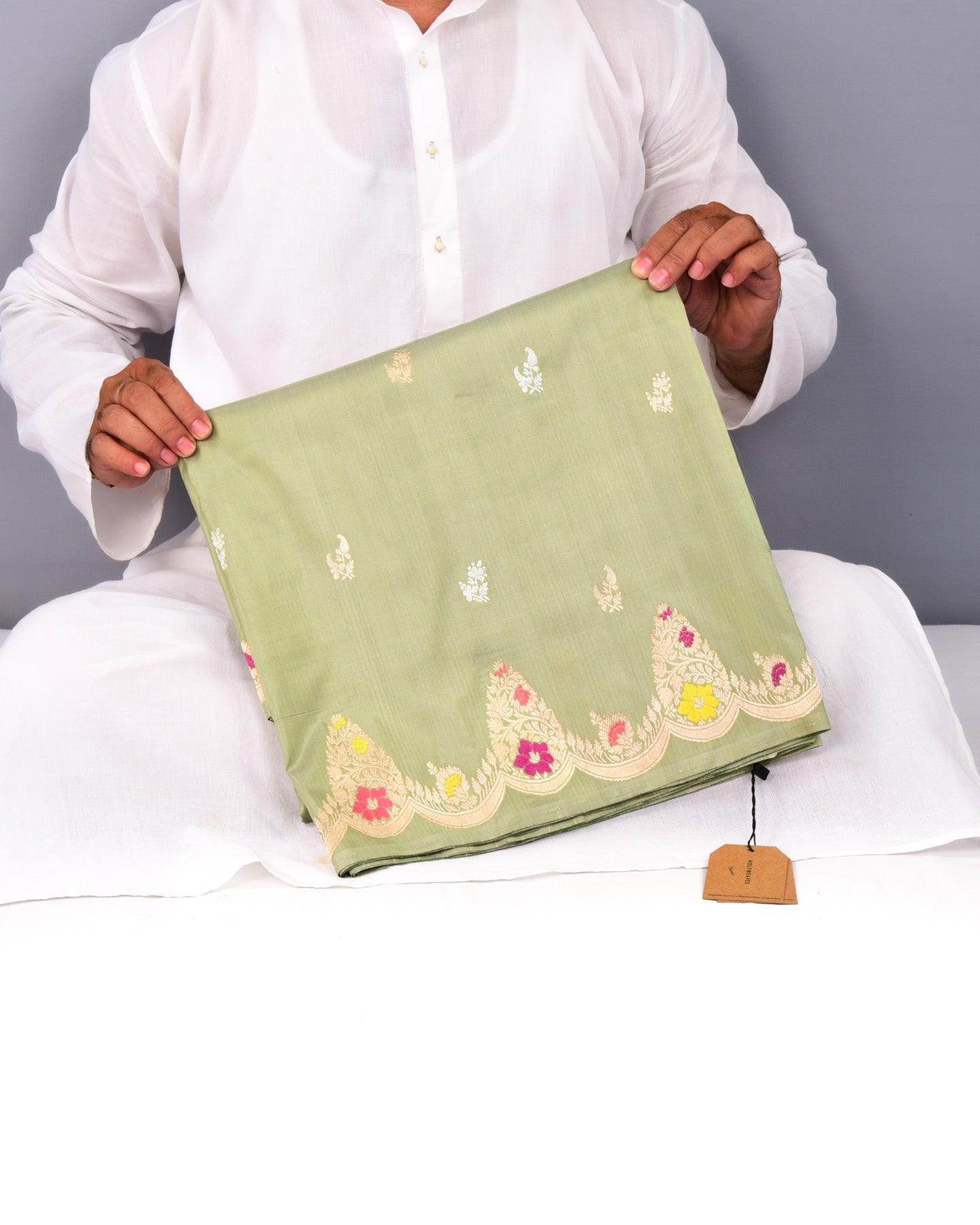 Laurel Green Banarasi Sona-Rupa Buti Kadhuan Brocade Handwoven Katan Silk Saree with Scallop Border - By HolyWeaves, Benares
