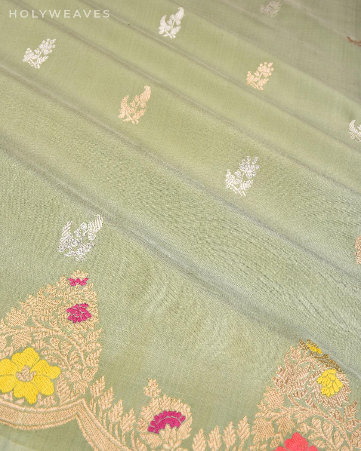 Laurel Green Banarasi Sona-Rupa Buti Kadhuan Brocade Handwoven Katan Silk Saree with Scallop Border - By HolyWeaves, Benares