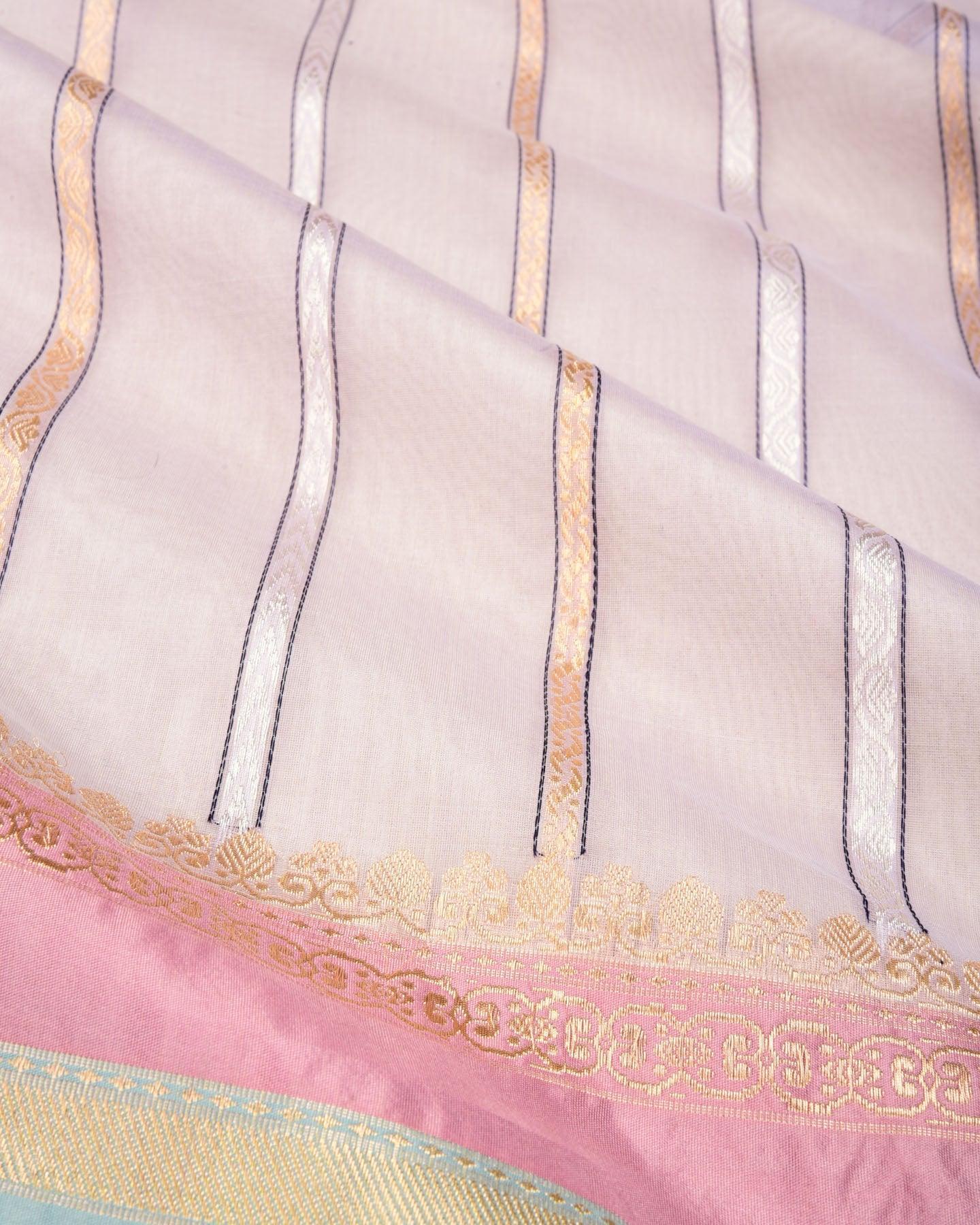 Lavender Banarasi Gold & Silver Zari Stripes Kadhuan Brocade Handwoven Kora Silk Saree with Silk Brocade Borders - By HolyWeaves, Benares