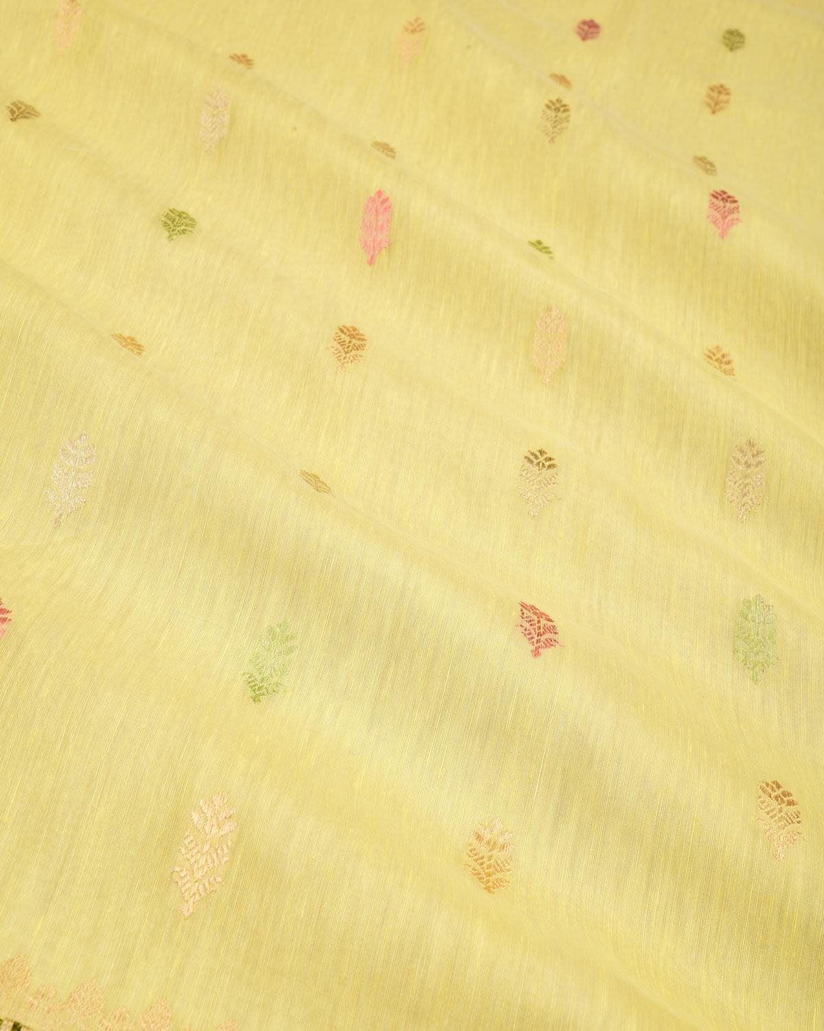 Lemon Yellow Banarasi Colored Zari Buti Kadhuan Brocade Handwoven Linen Silk Saree - By HolyWeaves, Benares