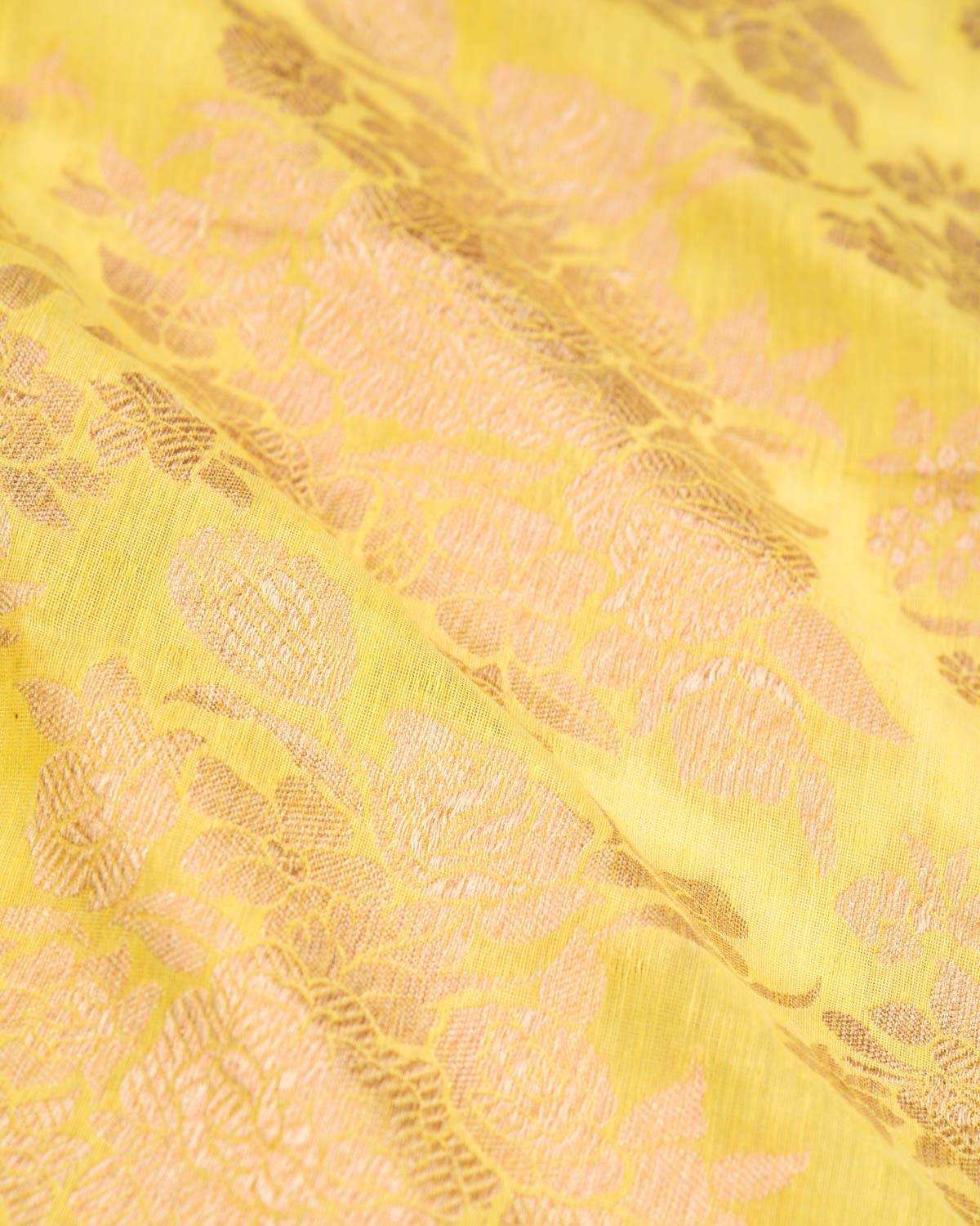 Lemon Yellow Banarasi Gulab Gold Zari Cutwork Brocade Handwoven Silk Pocket Square - By HolyWeaves, Benares