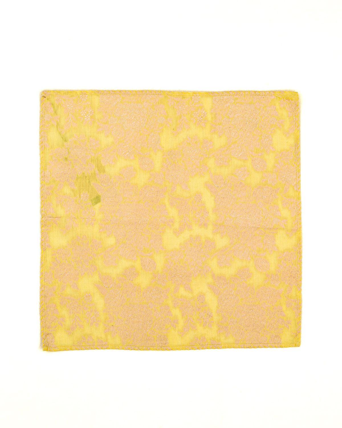 Lemon Yellow Banarasi Gulab Gold Zari Cutwork Brocade Handwoven Silk Pocket Square - By HolyWeaves, Benares