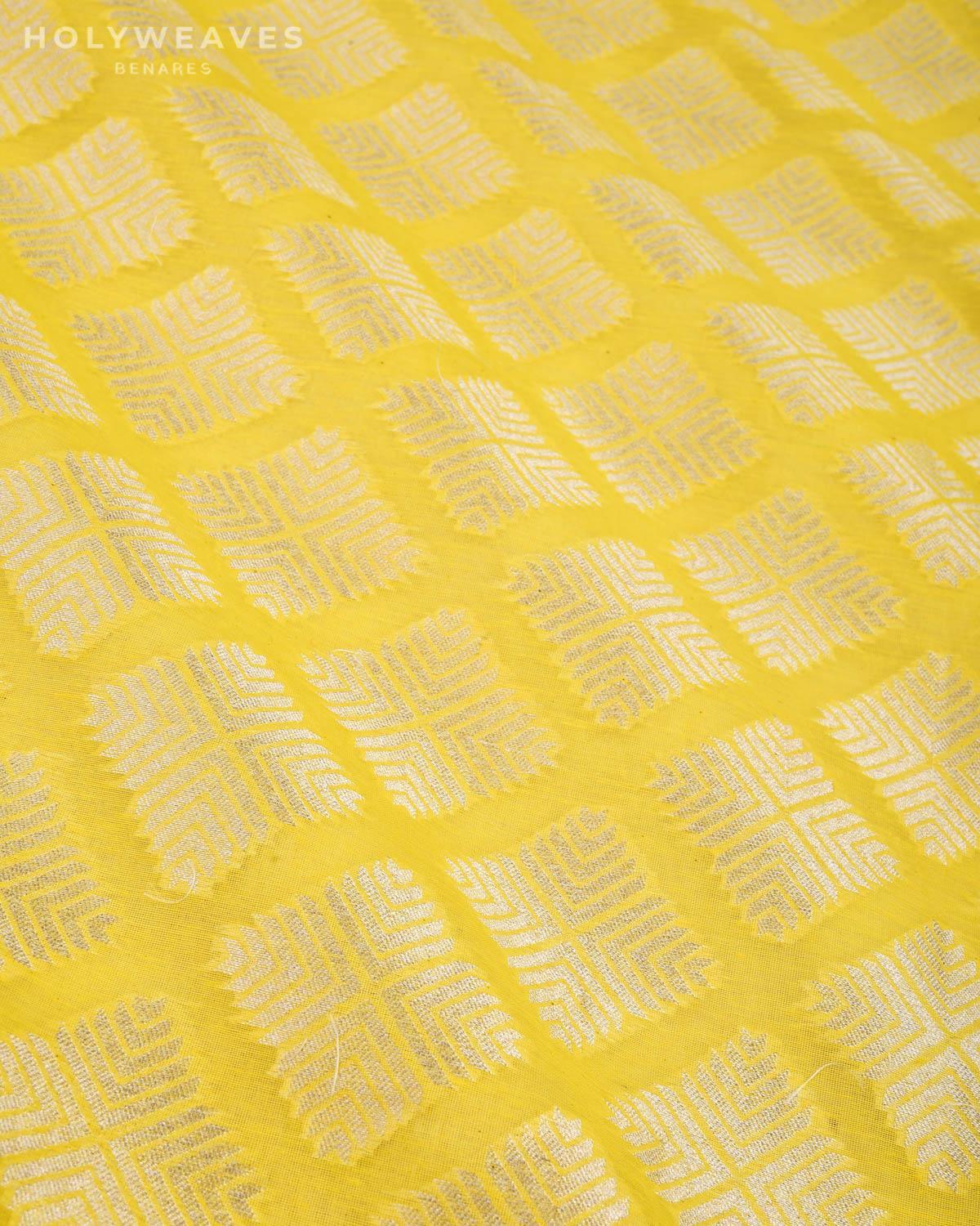 Lemon Yellow Banarasi Silver Zari Buti Cutwork Brocade Handwoven Cotton Silk Fabric - By HolyWeaves, Benares