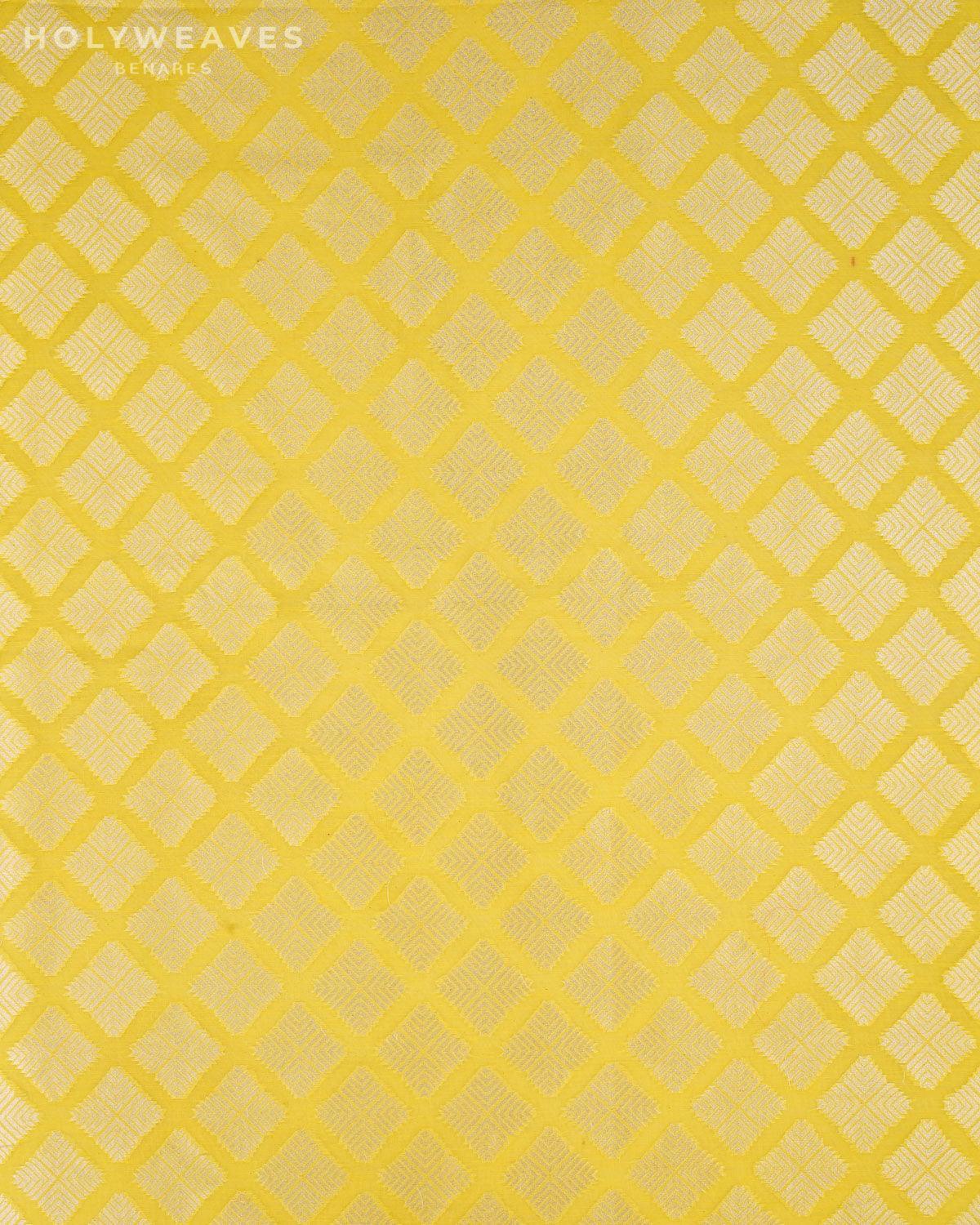 Lemon Yellow Banarasi Silver Zari Buti Cutwork Brocade Handwoven Cotton Silk Fabric - By HolyWeaves, Benares