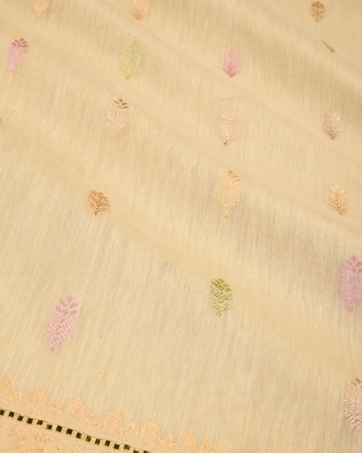 Light Beige Banarasi Colored Zari Buti Kadhuan Brocade Handwoven Linen Silk Saree - By HolyWeaves, Benares