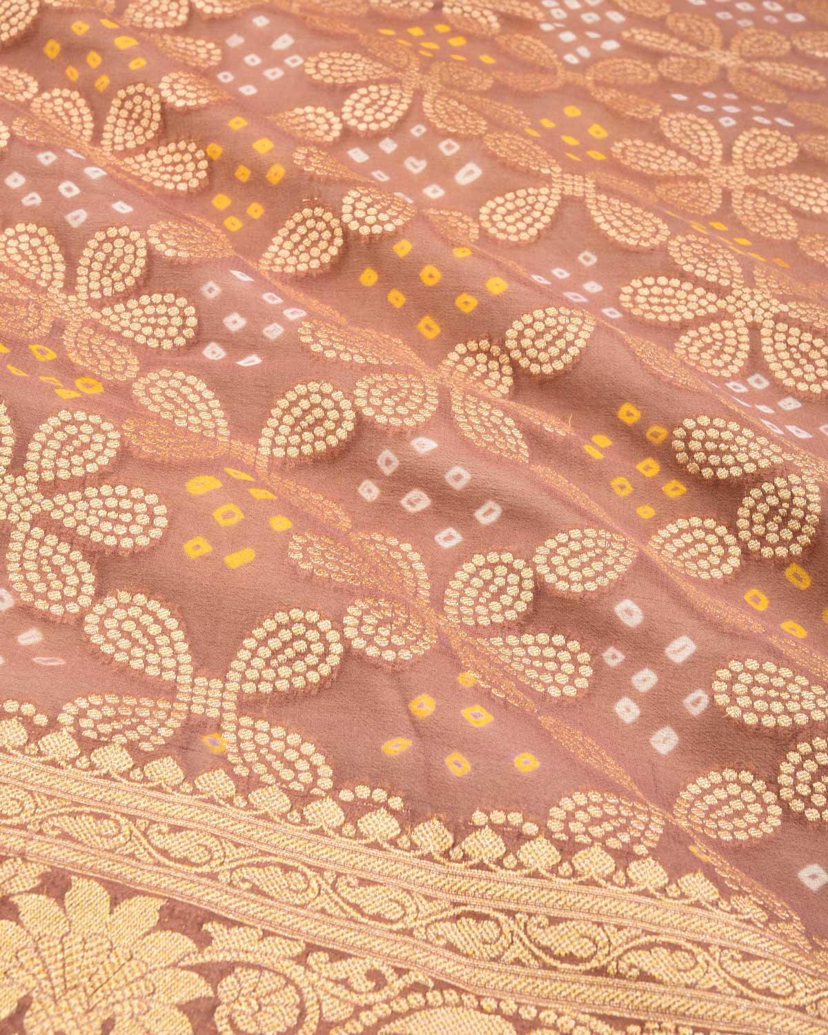 Light Brown Banarasi Floral Jaal Gold Zari Cutwork Brocade Handwoven Khaddi Georgette Dupatta with White & Yellow Bandhej - By HolyWeaves, Benares