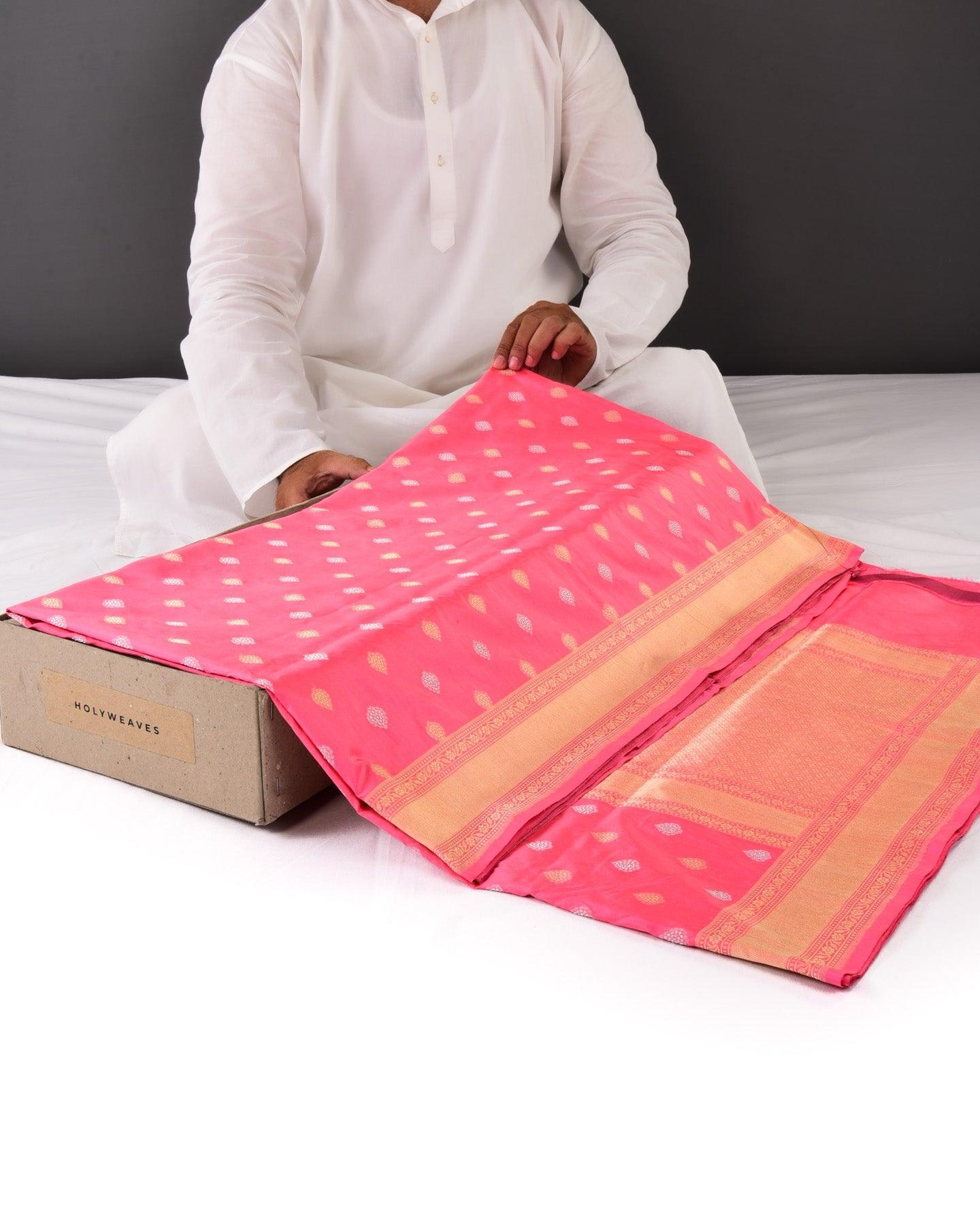 Light Coral Pink Banarasi Alfi Sona Rupa Buti Cutwork Brocade Handwoven Katan Silk Saree - By HolyWeaves, Benares