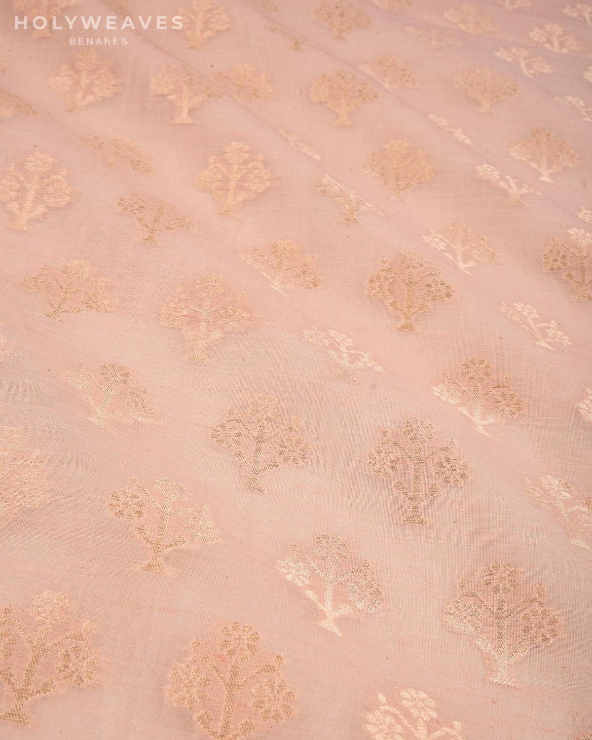 Light Coral Pink Banarasi Gold Zari Buti Cutwork Brocade Handwoven Cotton Silk Fabric - By HolyWeaves, Benares