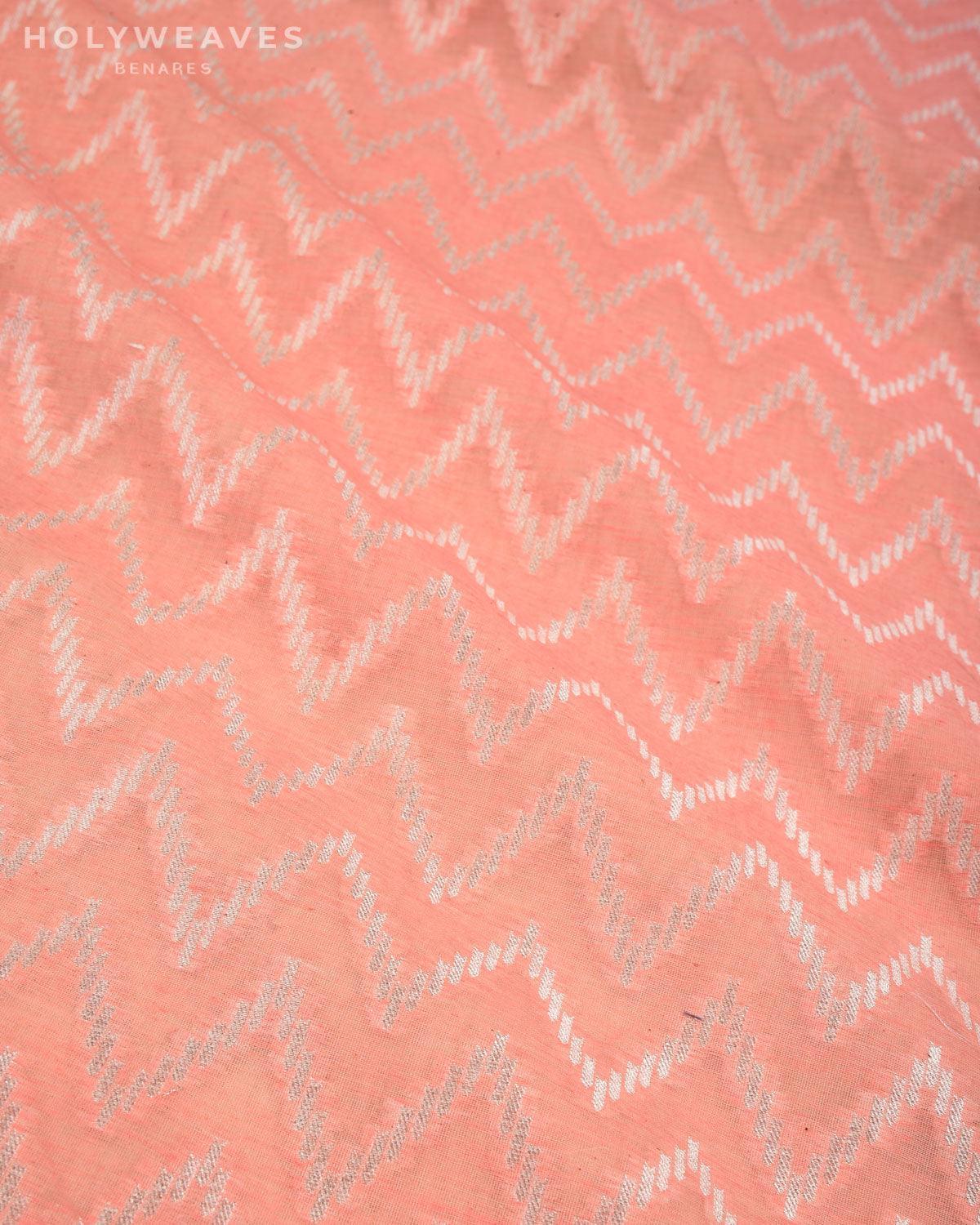 Light Coral Pink Banarasi Silver Zari Striped Chevron Cutwork Brocade Handwoven Cotton Silk Fabric - By HolyWeaves, Benares