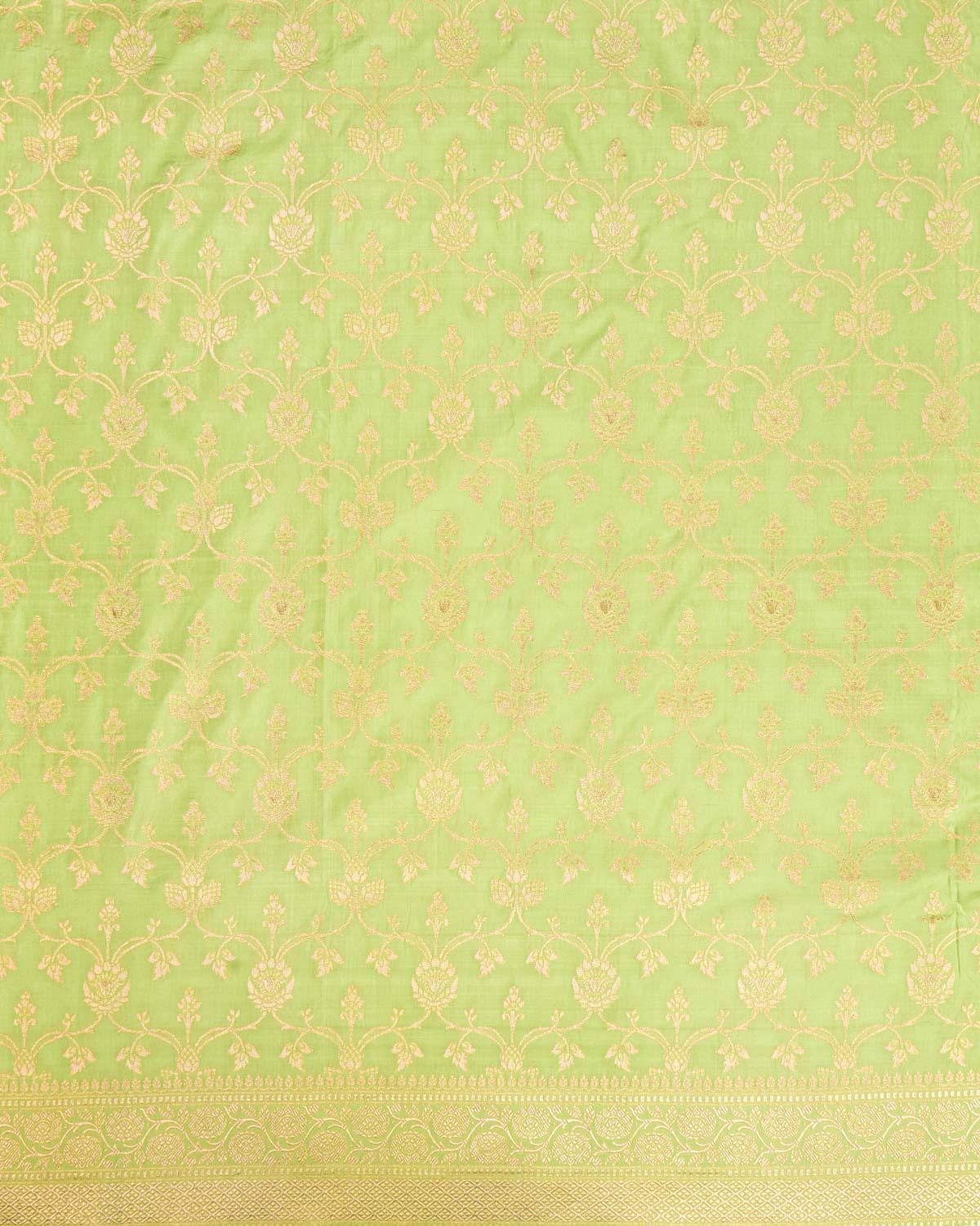 Light Green Banarasi Floral Jaal Gold Zari Cutwork Brocade Handwoven Katan Silk Saree - By HolyWeaves, Benares