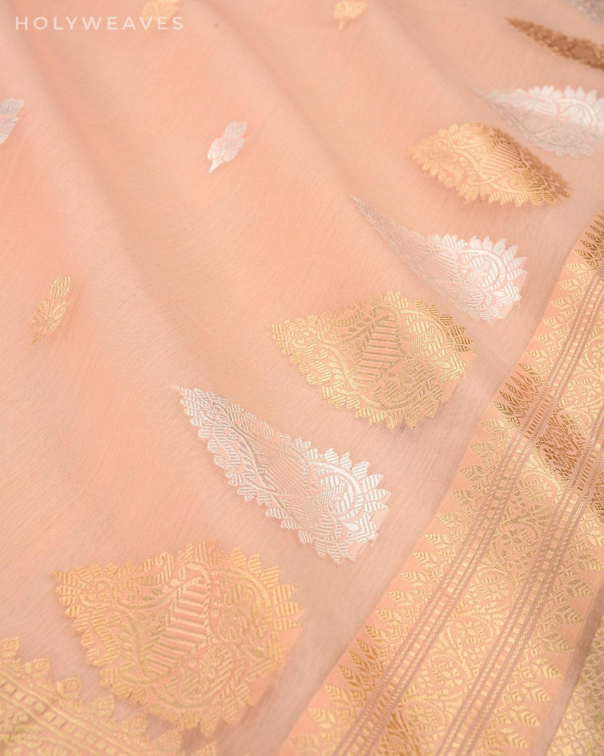 Light Peach Banarasi Gold & Silver Buti Kadhuan Brocade Handwoven Cotton Silk Saree - By HolyWeaves, Benares