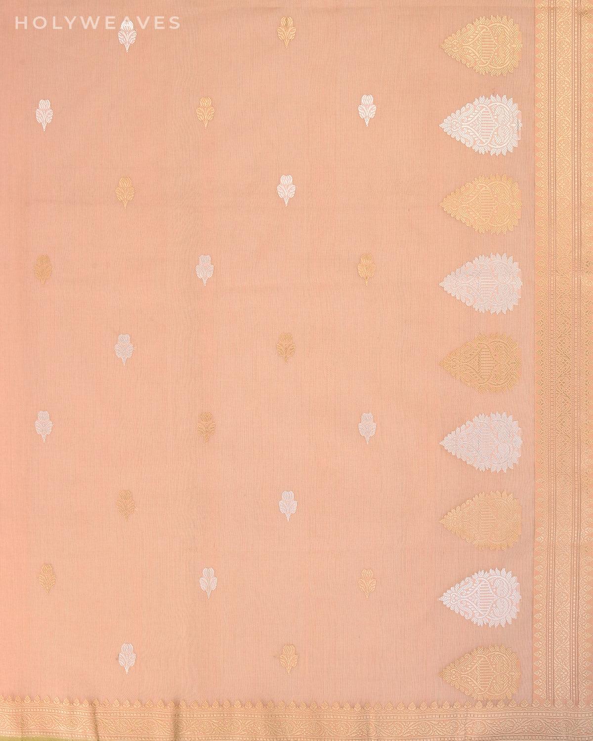 Light Peach Banarasi Gold & Silver Buti Kadhuan Brocade Handwoven Cotton Silk Saree - By HolyWeaves, Benares