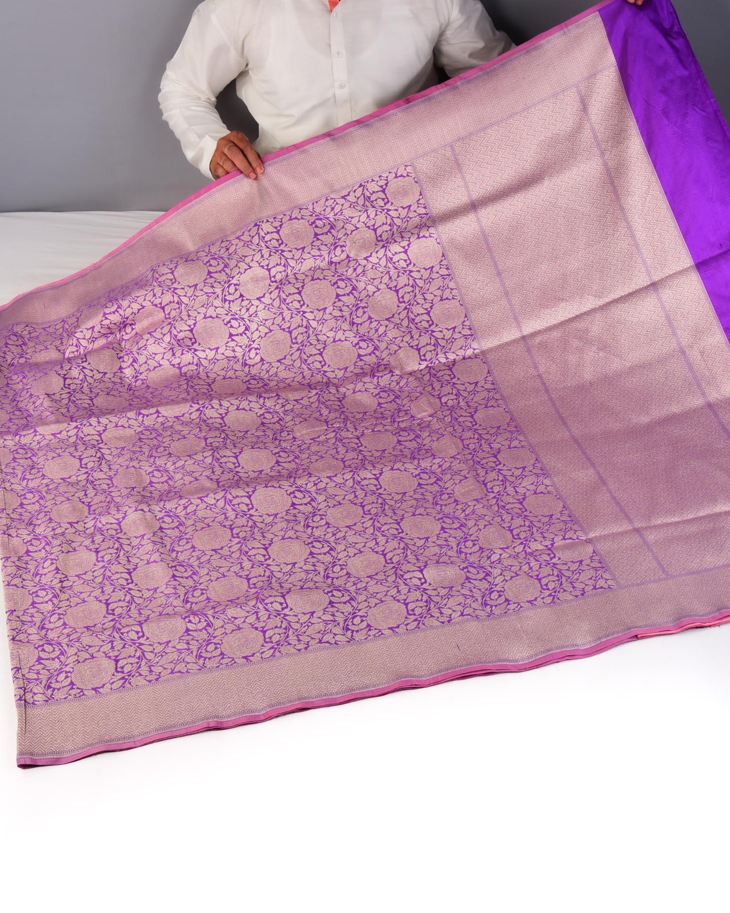 Lilac Banarasi Gulab Jaal Brocade Handwoven Katan Silk Saree with Contrast Pink Blouse - By HolyWeaves, Benares