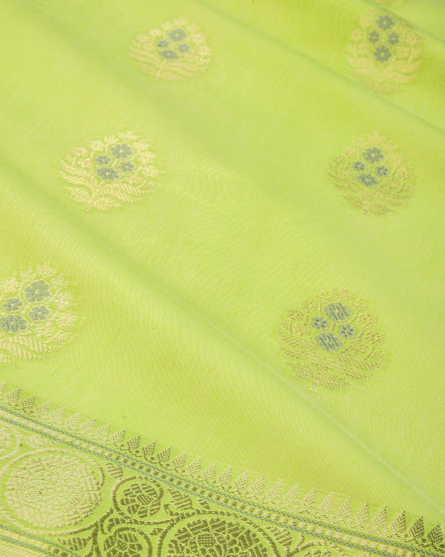Lime Green Banarasi Buta Alfi Cutwork Brocade Woven Cotton Silk Saree - By HolyWeaves, Benares