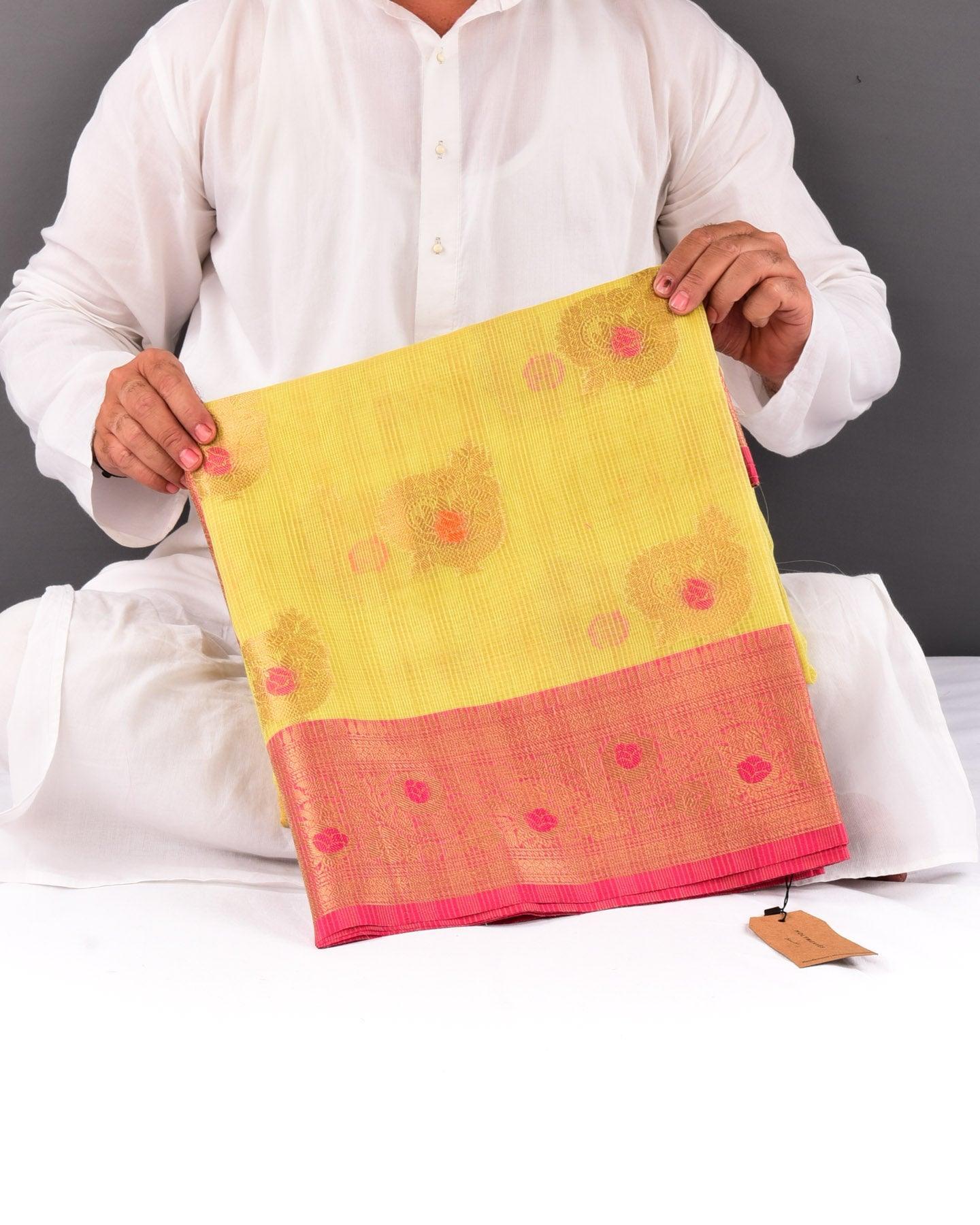 Lime Green Banarasi Check Texture Meena Zari Buta Cutwork Brocade Woven Cotton Silk Saree with Contrast Pink Border Pallu - By HolyWeaves, Benares