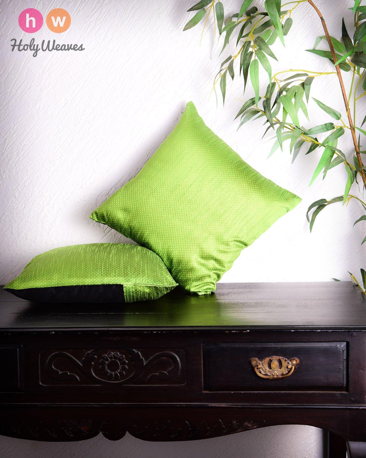 Lime Green Banarasi Jacquard Poly Dupion Cushion Cover 16" - By HolyWeaves, Benares