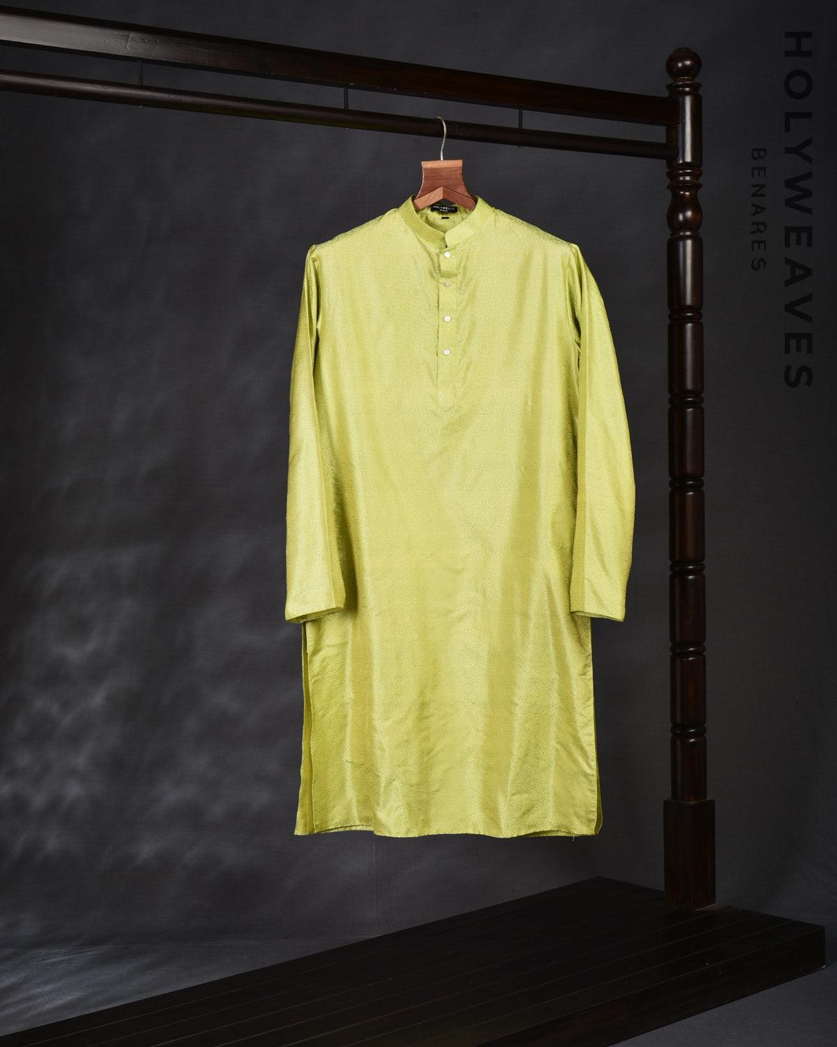 Lime Green Banarasi Kaleidoscopic Stars Tanchoi Handwoven Katan Silk Mens Kurta Pyjama - By HolyWeaves, Benares