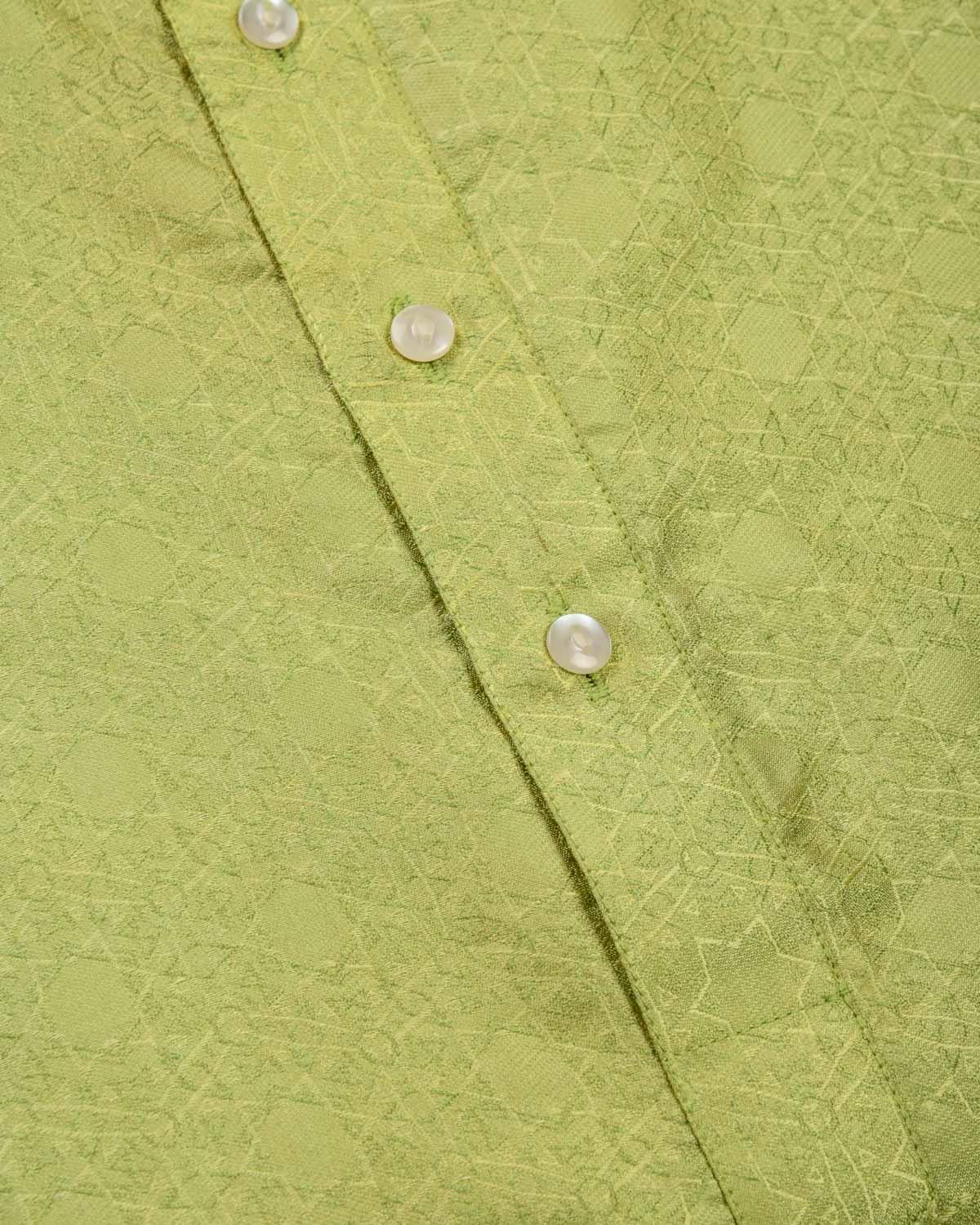Lime Green Banarasi Kaleidoscopic Stars Tanchoi Handwoven Katan Silk Mens Kurta Pyjama - By HolyWeaves, Benares