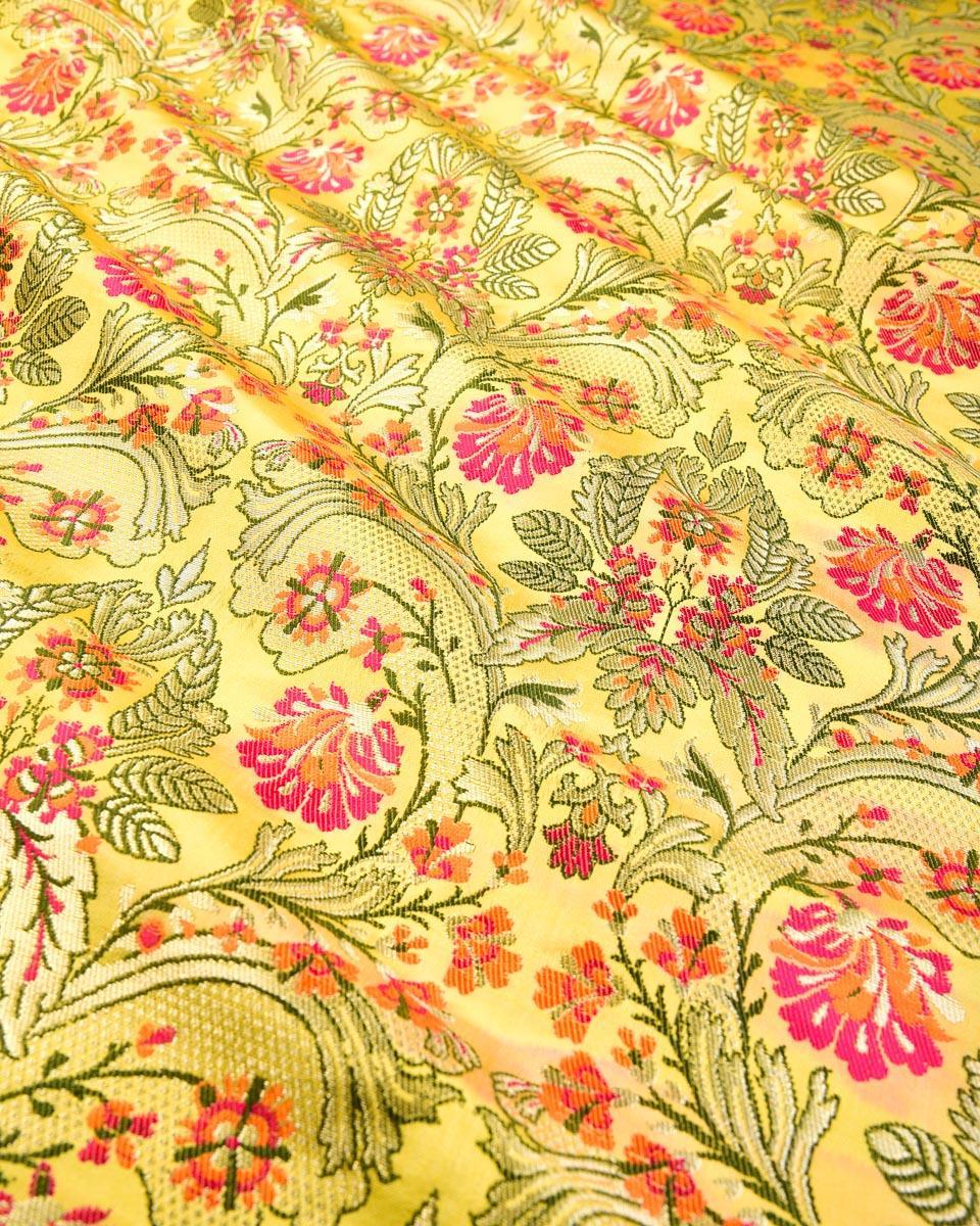 Lime Green Banarasi Kimkhwab Brocade Handwoven Viscose Silk Fabric - By HolyWeaves, Benares