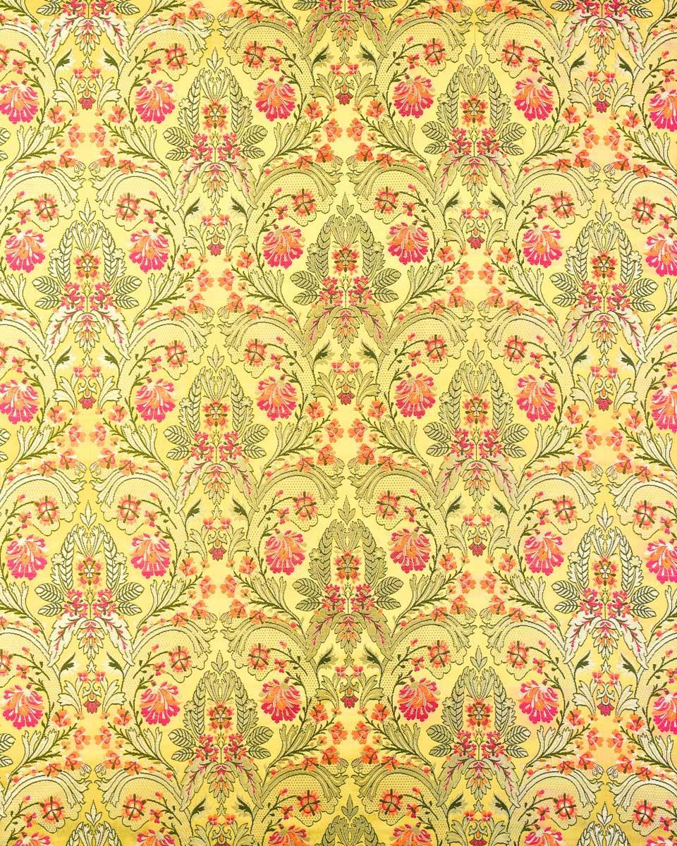 Lime Green Banarasi Kimkhwab Brocade Handwoven Viscose Silk Fabric - By HolyWeaves, Benares