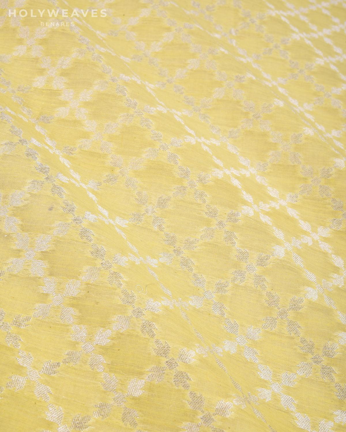 Lime Green Banarasi Light Gold Jangla Cutwork Brocade Handwoven Cotton Silk Fabric - By HolyWeaves, Benares